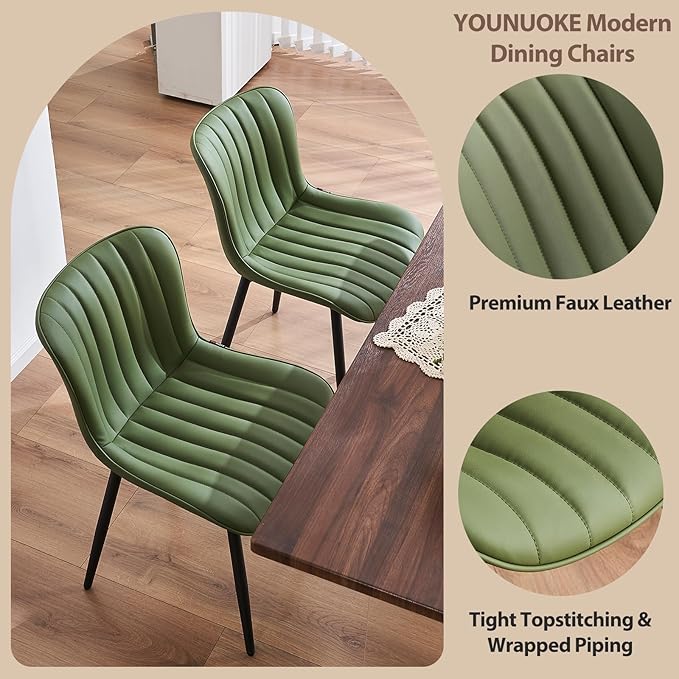 YOUNUOKE Mid-Century Modern Dining Chairs Set of 2, Olive Green PU Leather Upholstered Kitchen Chairs with Black Metal Legs, Armless Accent Side Chair for Dining Room, Guest Reception Room