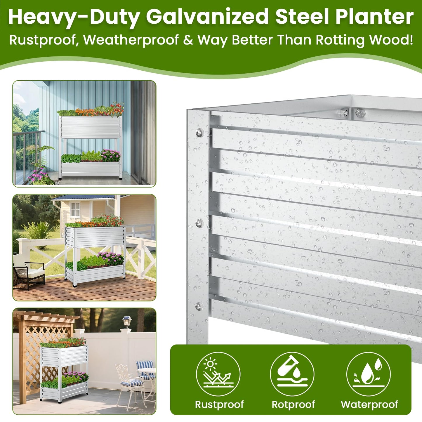 Cybrasc 2-Tier Galvanized Raised Garden Bed with Legs, 36"x16"x36" Metal Elevated Planter Box (12" Top/8" Bottom Depth), 500LB Capacity for Vegetables, Herbs, Leafy Greens, Flowers on Patio Yard