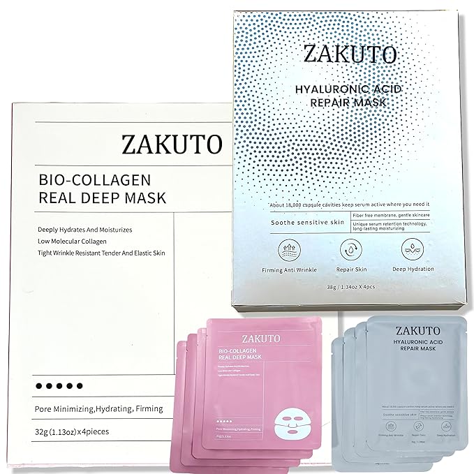 8-Mask Glow Ritual Set | 4 Bio-Collagen Deep Repair Masks + 4 Hyaluronic Acid Hydration Masks | Korean Overnight Firming, Repair & Glass Skin Glow | 30-Day K-Beauty Treatment