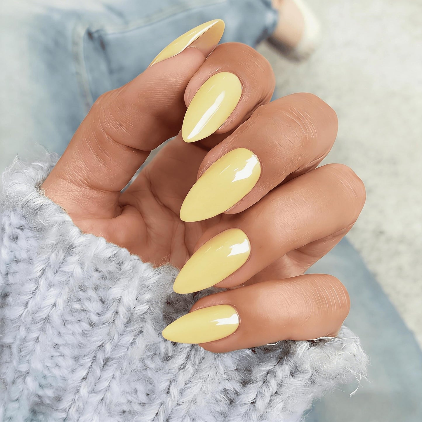 Pastel Yellow Press On Nails Almond - KQueenest Chrome Press On Nails Medium, Pearlescent Fake Nails Press ons, Glitter Glue on Nails Medium Stiletto, Glazed Gel Stick On Nails for Women, 24 Pcs