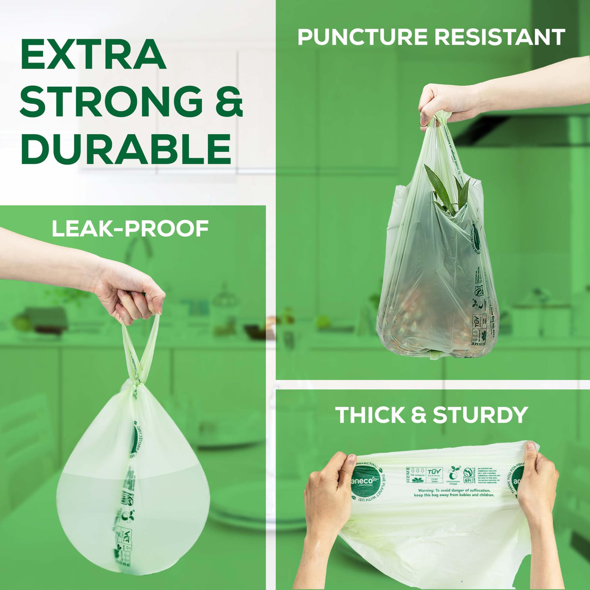 100% Compostable Food Waste Bags 1.6 Gallon With Handles (30 Count)