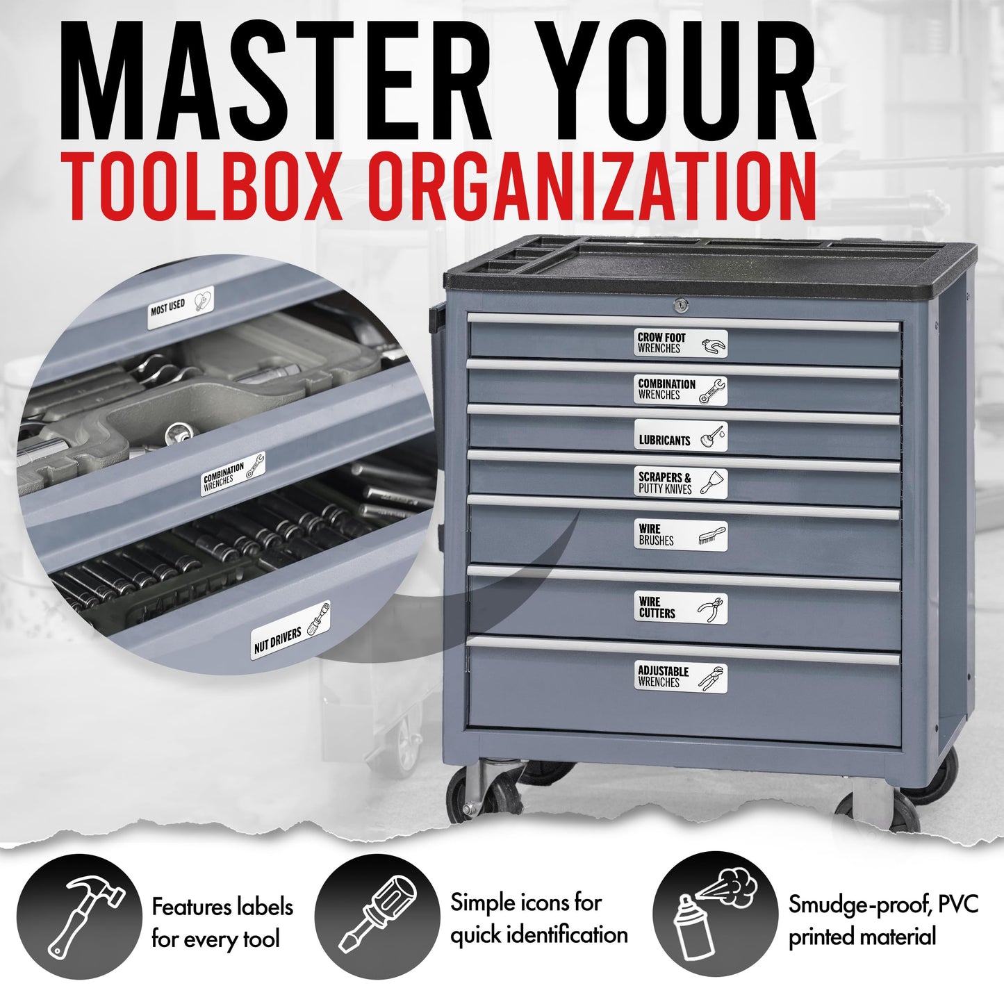 Magnetic Tool Labels for Toolbox – 80 Piece Heavy Duty Drawer & Tool Chest Labels (White), Large Magnetic Toolbox Labels for Steel Drawers, Toolbox Organization Magnets for Garage Storage