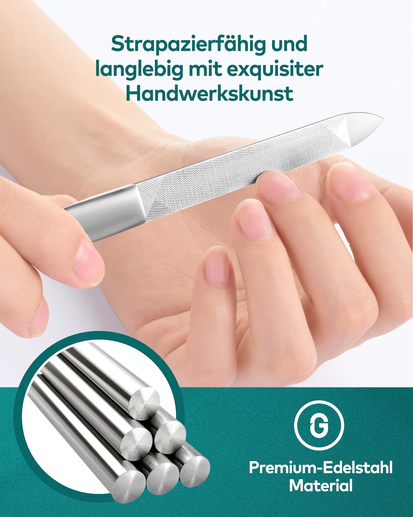 MR.GREEN Professional Double Sided Stainless Steel Nail File with Non-Slip Handle and Leather Case, Pointed Nail Buffering Files Washable