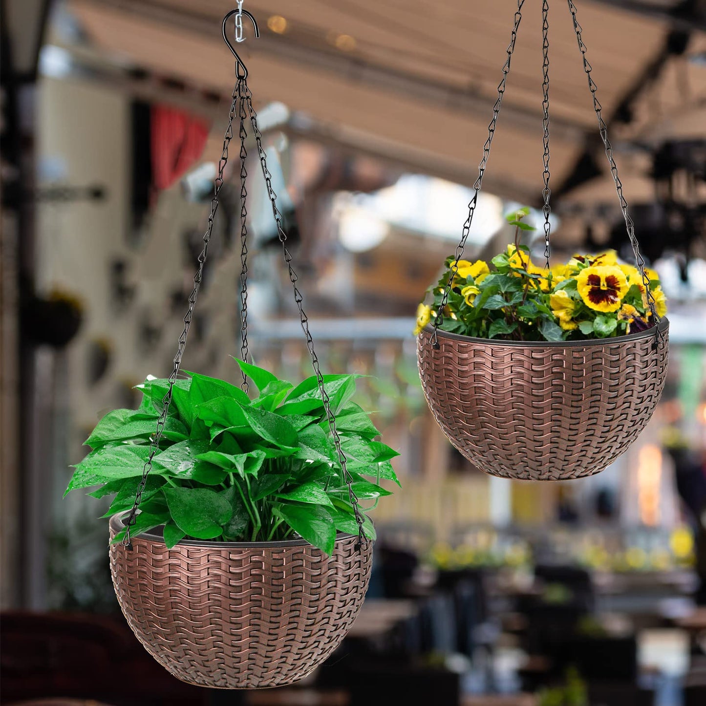 Foraineam 2-Pack Dual-pots Design Hanging Basket Planters Self-Watering Indoor Outdoor Plant & Flower Hanging Pots with Drainer and Chain, 2 Size Assorted