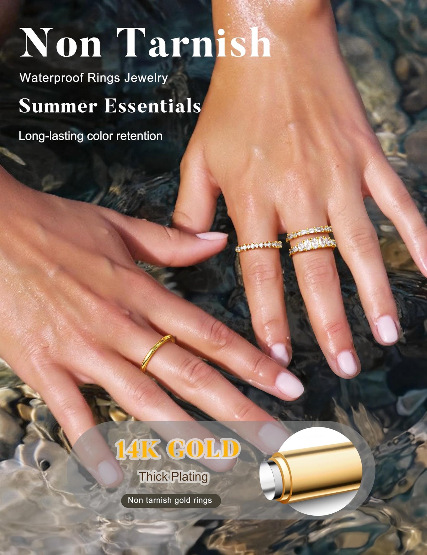LOLIAS 14K Gold Plated Stackable Rings for Women Non Tarnish - Dainty Cubic Zirconia Wedding Bands Ring Set Minimalist Trendy Statement Engagement Promise Thumb Rings Stacking Size 5-10 Size 10