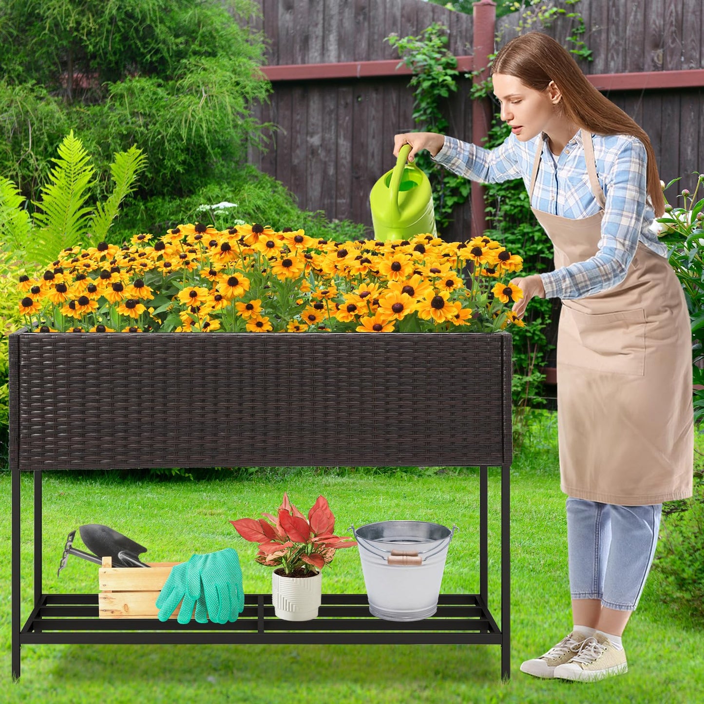 HAPPYGRILL Raised Garden Bed, Rattan Planter Raised Bed with Legs, Bottom Storage Shelf, Removable Liner, Drainage System, Wicker Elevated Planter Box w/Legs for Vegetables Flowers (40” x 12” x 28”)