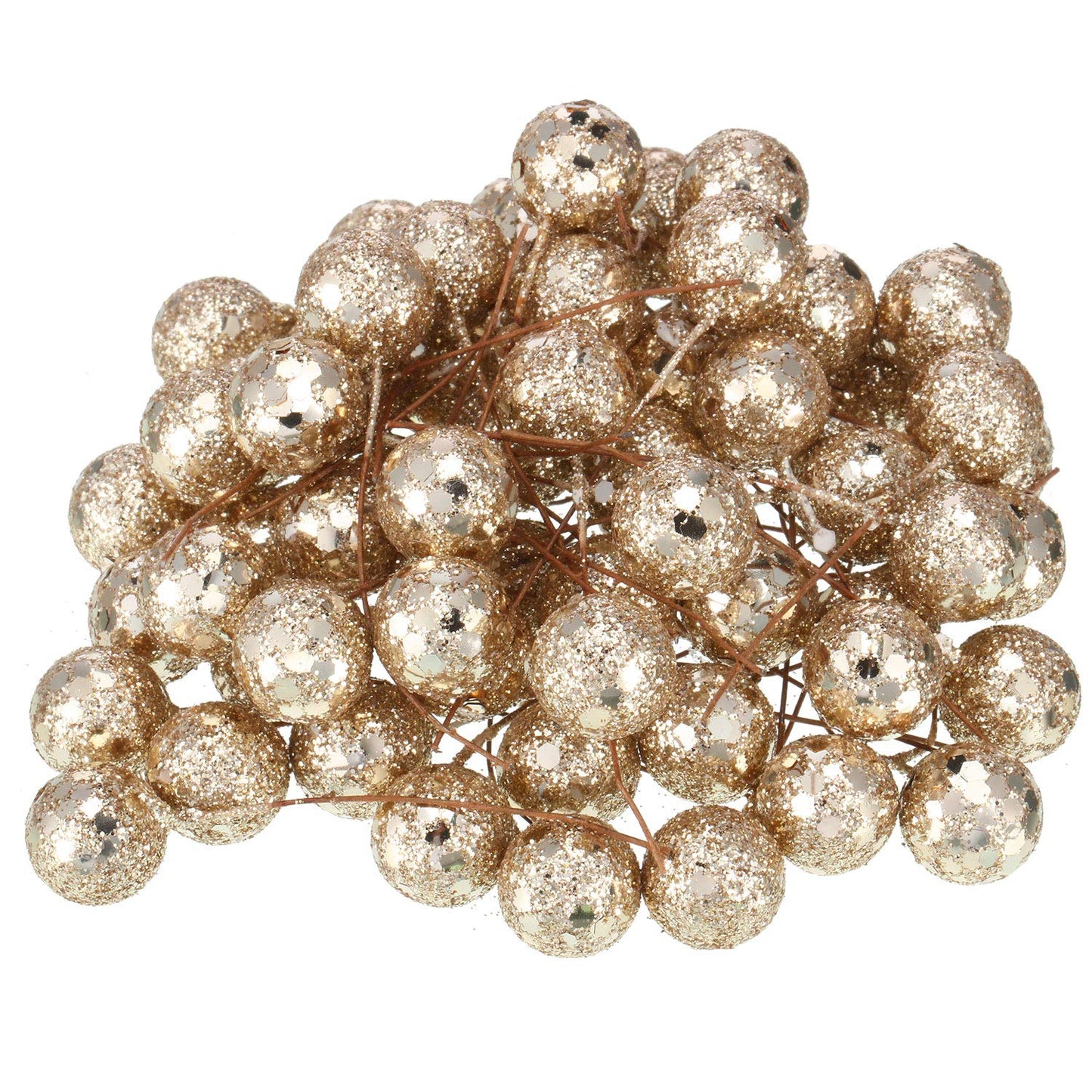 BBTO Artificial Holly Berries, 100 Pieces Mini 10 mm Fake Berries Decor on Wire for Christmas Tree Decorations Flower Wreath DIY Craft Use (Sequined Champagne Gold)
