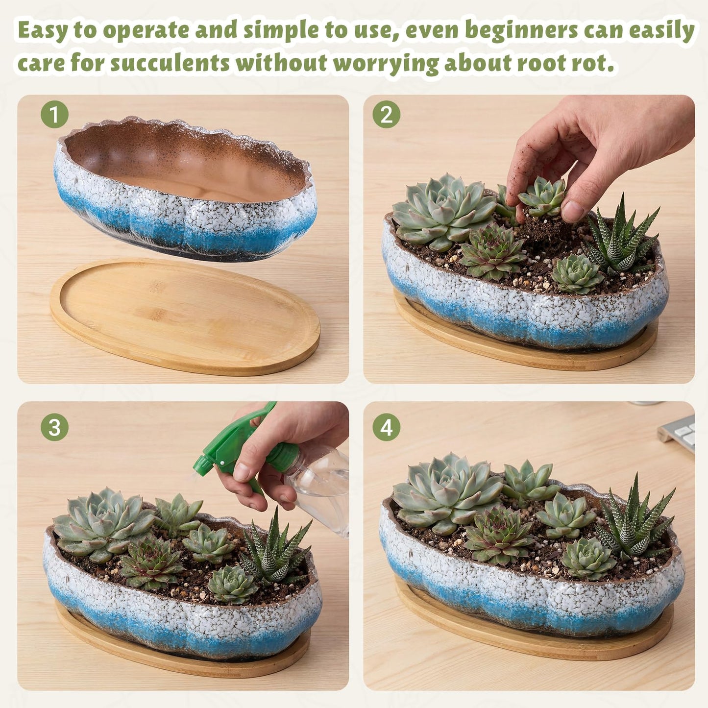 Singhoow Succulent Planter Pot with Drainage Holes Large Ceramic Glazed Planter with Bamboo Wooden Tray and mesh Pads Shallow Bonsai Pot for Indoor Cactus Flower Plant(Lotus-Shaped,Turquoise)