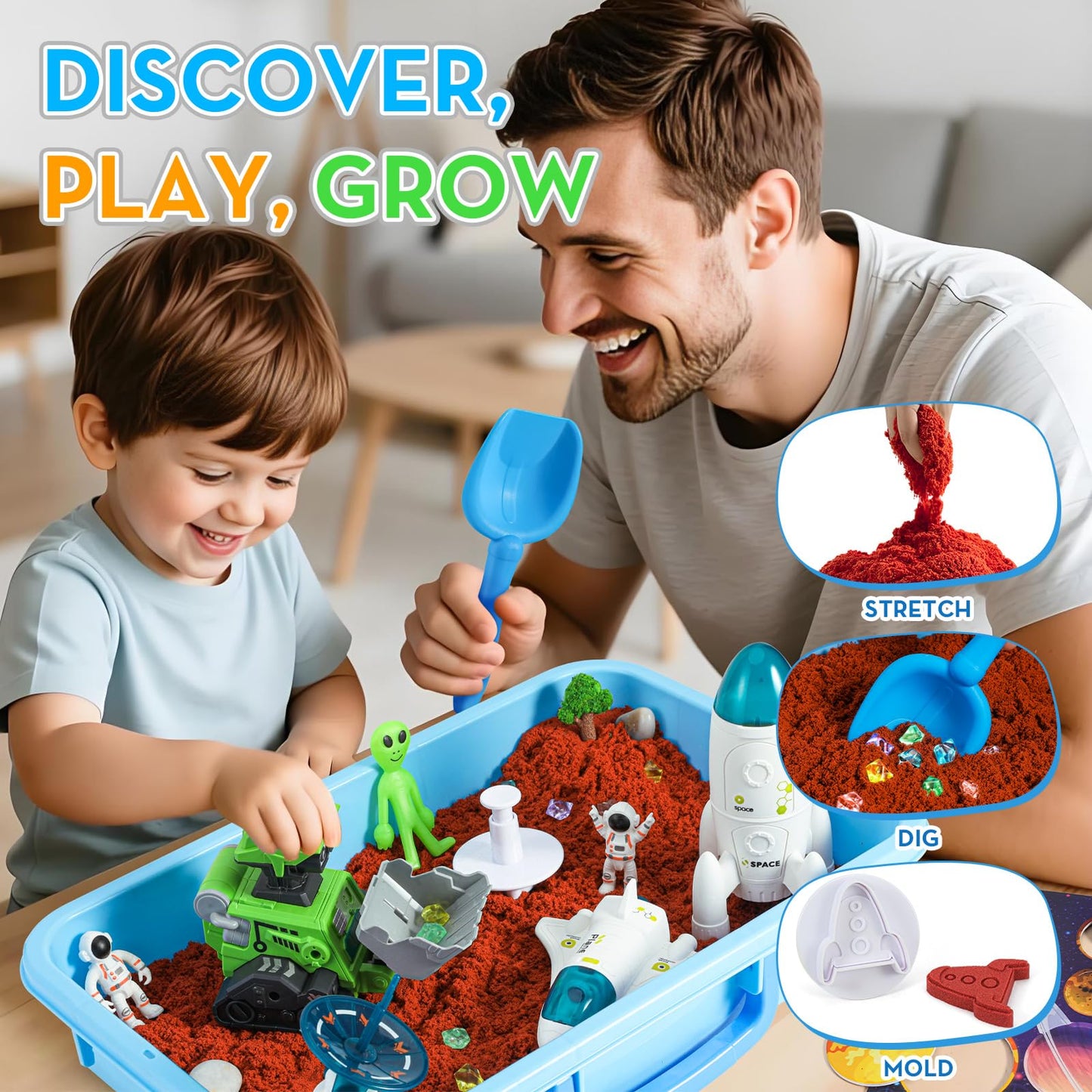 KNASON Outer Space Sensory Bin,Play Sand Kit for Boys with 2.2lbs Sand,Glow in The Dark Alien and Gems,Space Science Kits Sandbox Toys Preschool Toddler Activities Christmas Gift for Kids Ages 3-8