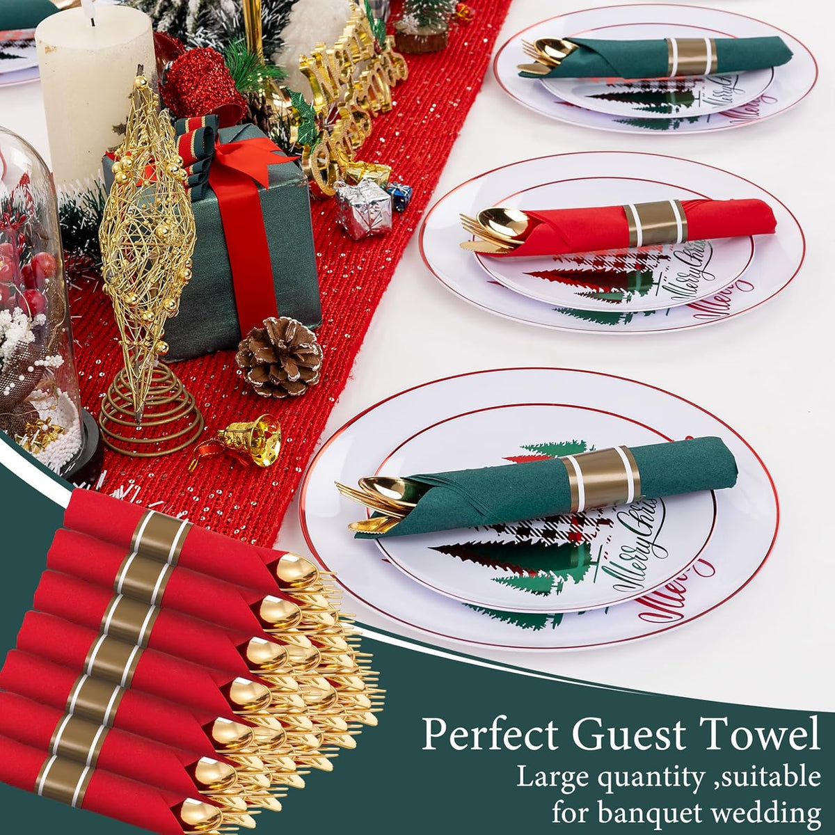 Supernal 240pcs Christmas Rolled Plastic Silverware,Gold Disposable Silverware,Wrapped Plastic Cutlery Set with Napkin,Pre Rolled Silverware Set Disposable,Christmas Cutlery Served for 60 Guests