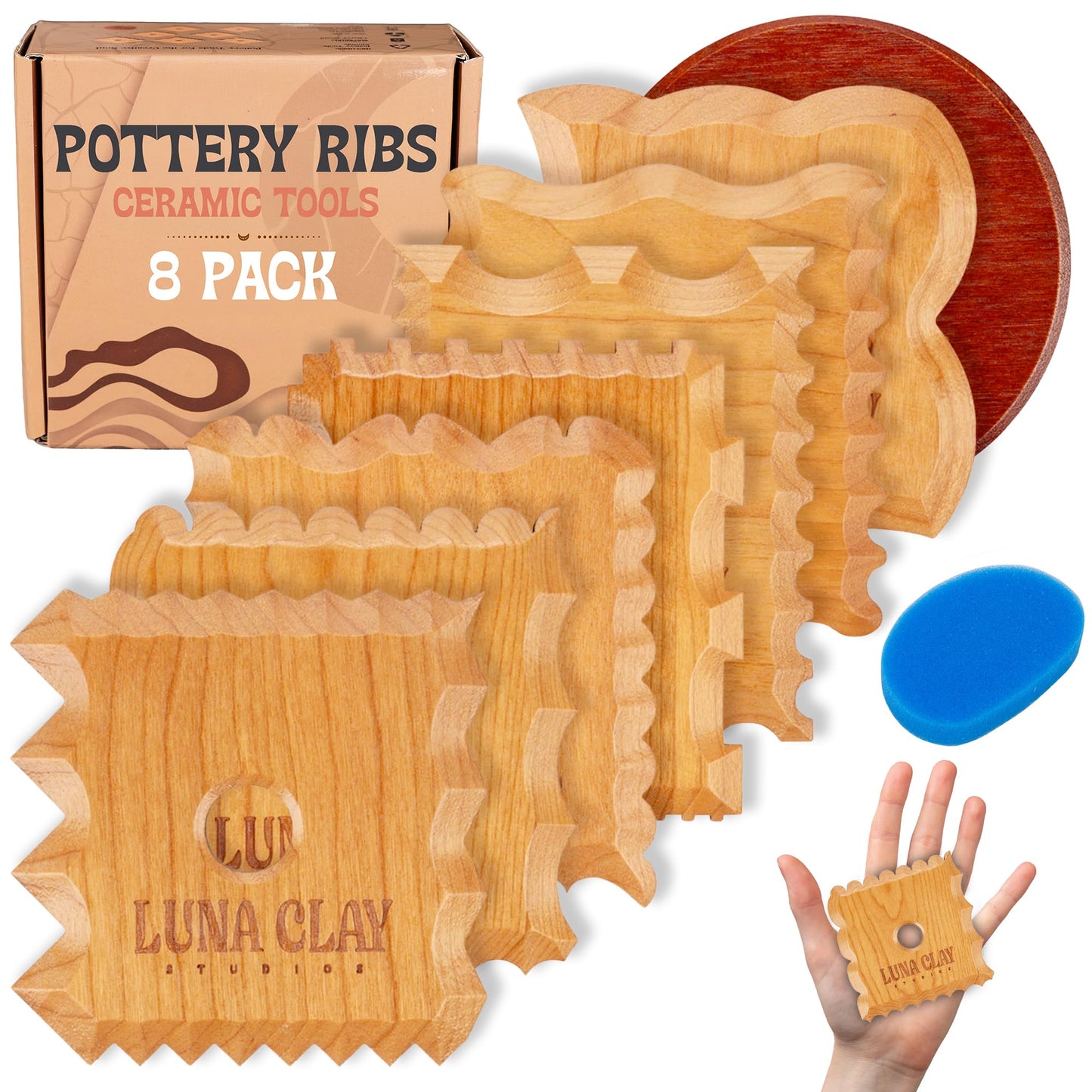 Kiln-Dried Cherry Wood Pottery Ribs & Pottery Tools For Wheel Throwing | 8 Pack - Professional Non-Warping Ceramic Set for Trimming, Sculpting, Shaping - Clay Tools & Modeling Kit with Bonus Sponge