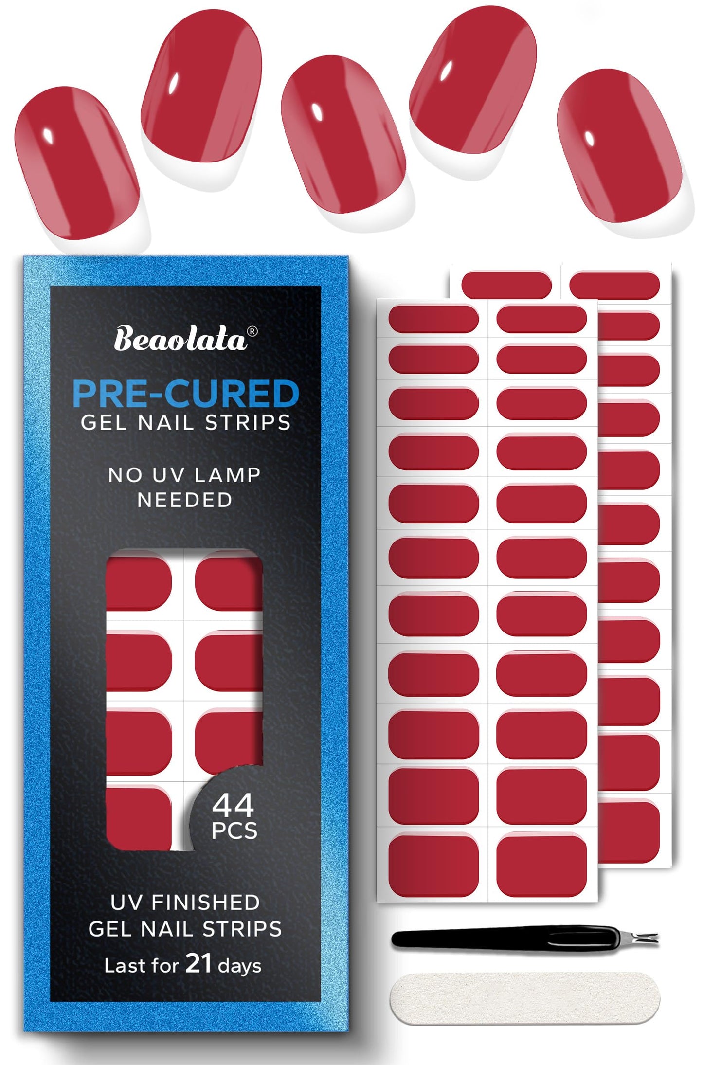 Beaolata Real Gel Nail Strips (No UV Light Needed) - 44Pcs Salon Quality Nail Stickers - Long Lasting Polish Wraps for Women, Easy Apply & Remove (Berry Pink)