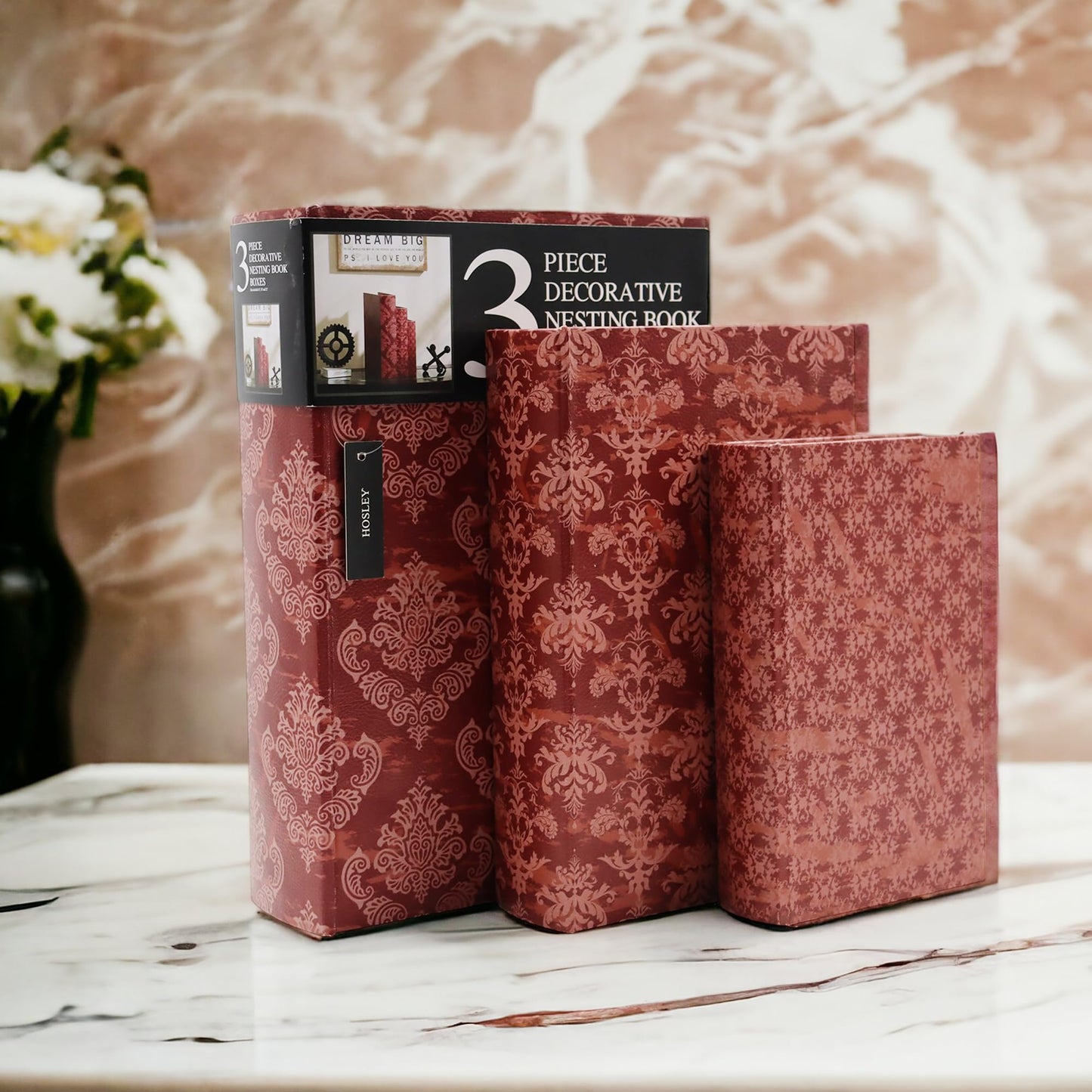 Hosley Farmhouse Memory Book Boxes Set of 3, Red Brown & Gold, Decorative Nesting Storage Boxes 12 10 8 Inch, Faux Leather Keepsake Photo Jewelry Box for Wedding Gift
