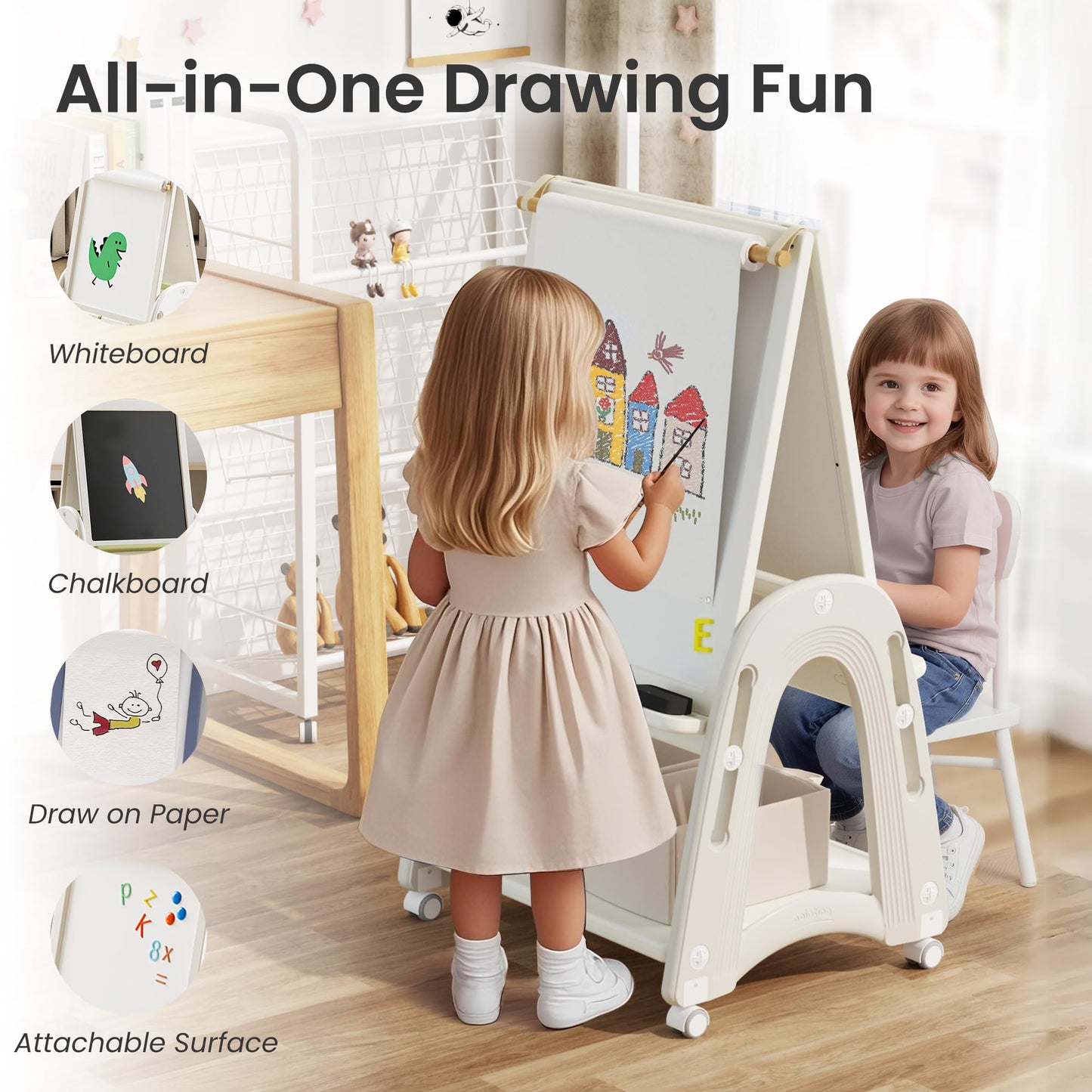 hoopyosms Art Easel for Kids 2-4 with Wheels, Whiteboard, Chalkboard & Paper Roll Adjustable Height 3-in-1 Toddler Easel for 2-4 Year Old Painting Easel for Kids with Storage & Accessories, Grey