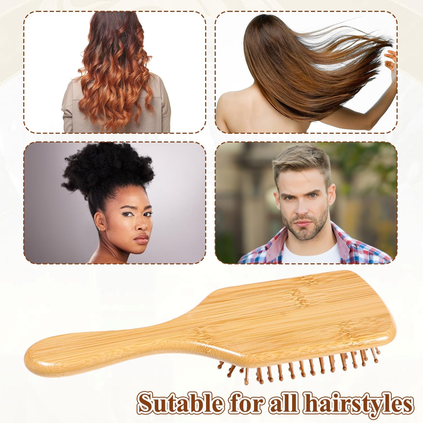 6 Pcs Natural Bamboo Hair Brushes for Scalp Massage & Detangling, Anti-Static Wooden Paddle Brush with Ergonomic Handle and Bamboo Bristles, DIY Engraving Gifts, 9.65”x3.35”