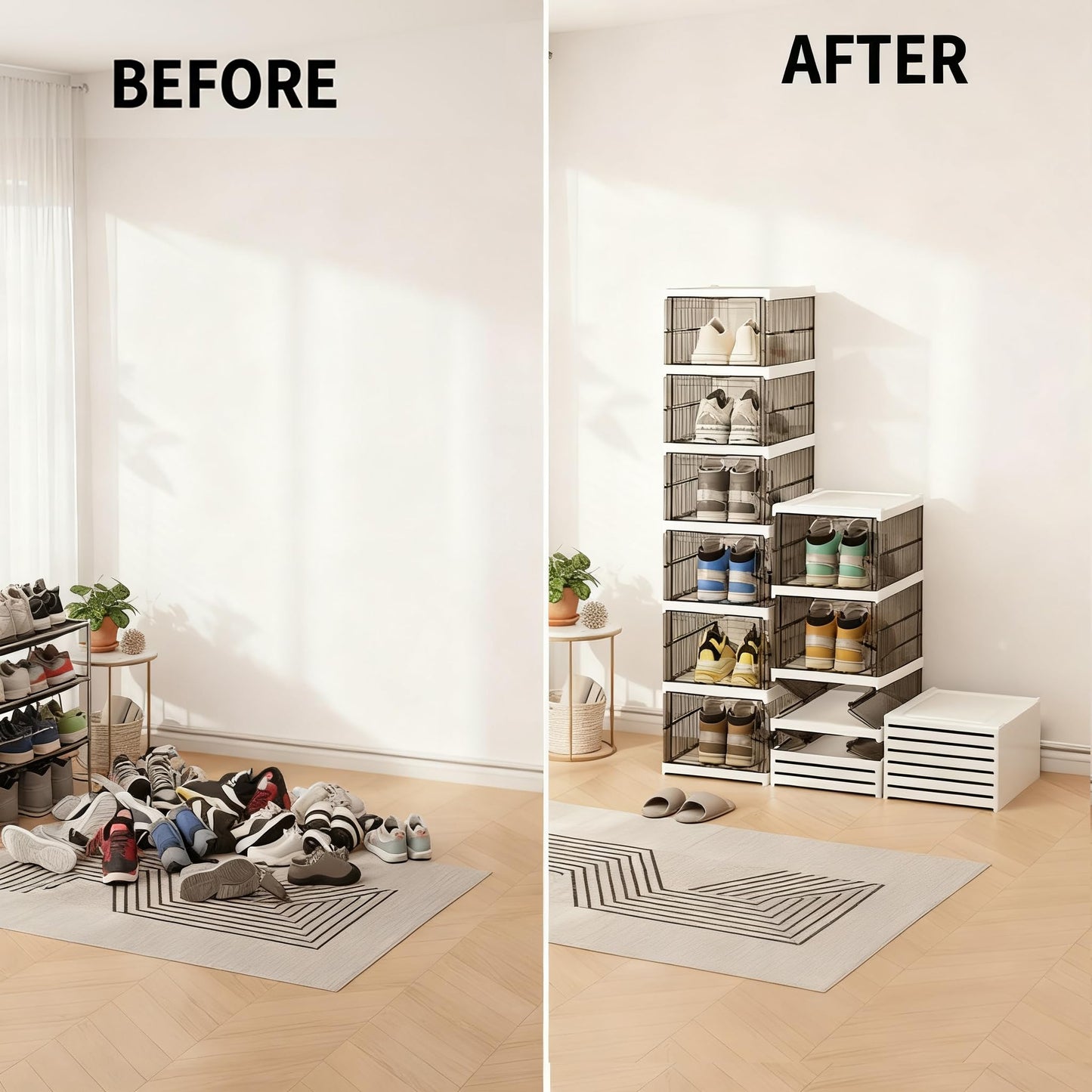 M ACHOOSE Shoe Storage Organizer Box 6-Tier Foldable Collapsible Stackable Shoe Rack Bins, Fit Size 12, No Assembly, for Men and Women (Transparent gray)