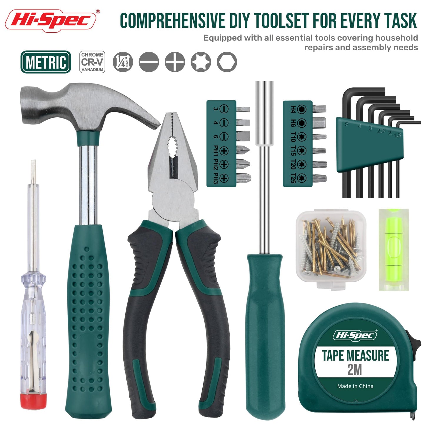 Hi-Spec Small Tool Kit Compact Set for Home and Office DIY, 25-Piece Green Mini Tool Box for Basic Household Repairs, Starter Toolkit in a Portable Toolbox Case.