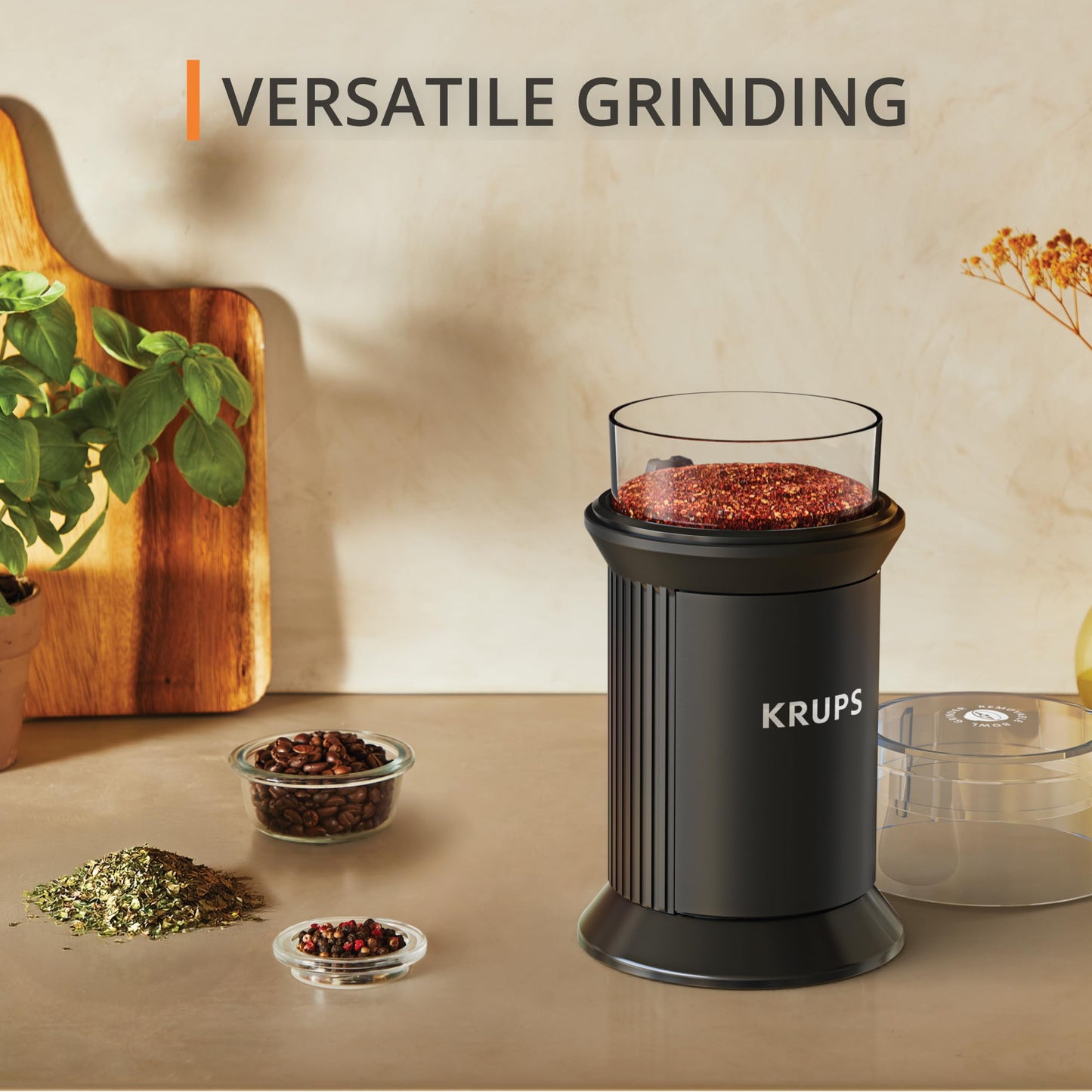 KRUPS Electric Blade Coffee Grinder 1.6 Oz, Adjustable Coarse to Fine for the Perfect Espresso, Grind Coffee Beans, Spices & Herbs, Removable Dishwasher Safe Bowl, Black
