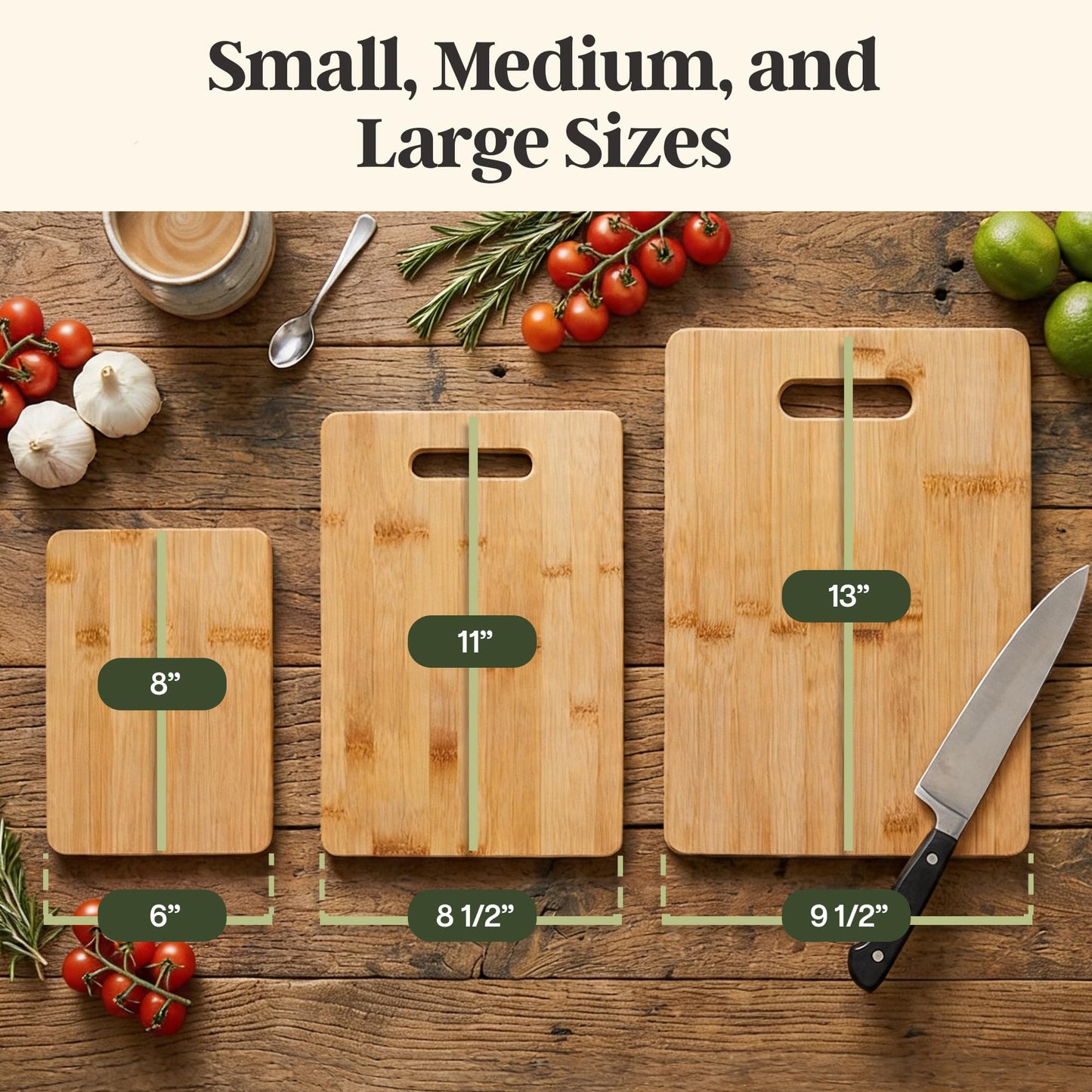 Totally Bamboo 3-Piece Cutting Board Set, Bamboo Wood Cutting Boards for Kitchen with Built-In Handles, Reversible Chopping Boards in Small, Medium, and Large Sizes