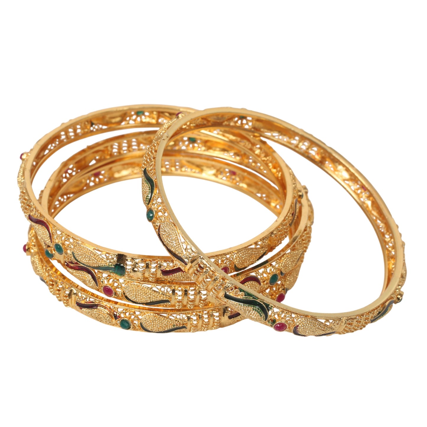 Touchstone "Golden Bangle Collection Indian Bollywood Desire Carved Conch Shell Inspired Faux Ruby Emerald Thick Designer Plus Size Jewelry Bangle Bracelet. Set of 4. In Gold Tone For Women