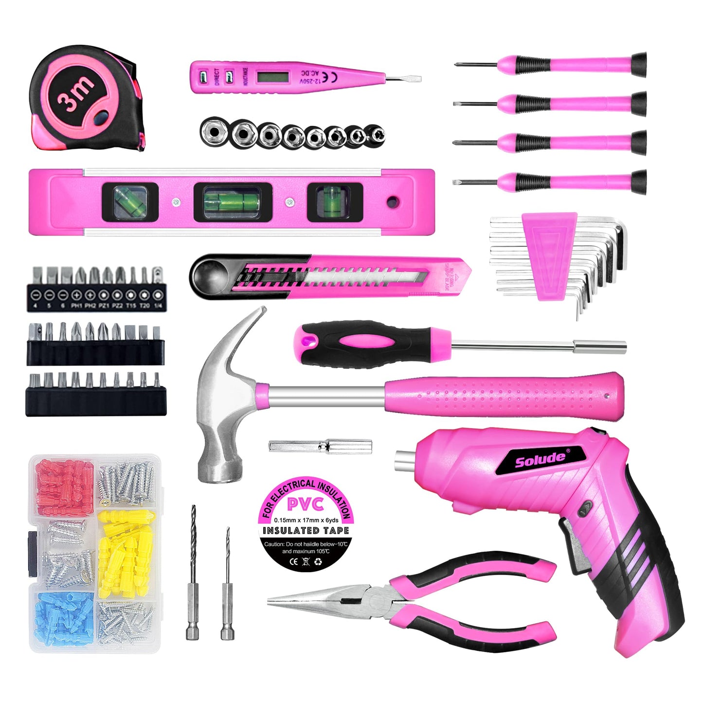 SOLUDE Pink Tool Set,130 Piece Home Tool Kit for Women with 3.6V Cordless Rechargeable Screwdriver,Basic Household Tool Kit Set for New Home,Apartment,College Dorm & DIY Projects