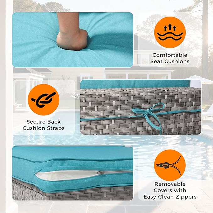 14-Seat Outdoor Wicker Patio Furniture Set with Fire Pit Table, Modular Rattan Sectional Sofa & 2 Swivel Rocking Chairs, 4" Thick Cushions, Rust-Resistant Frame,Blue
