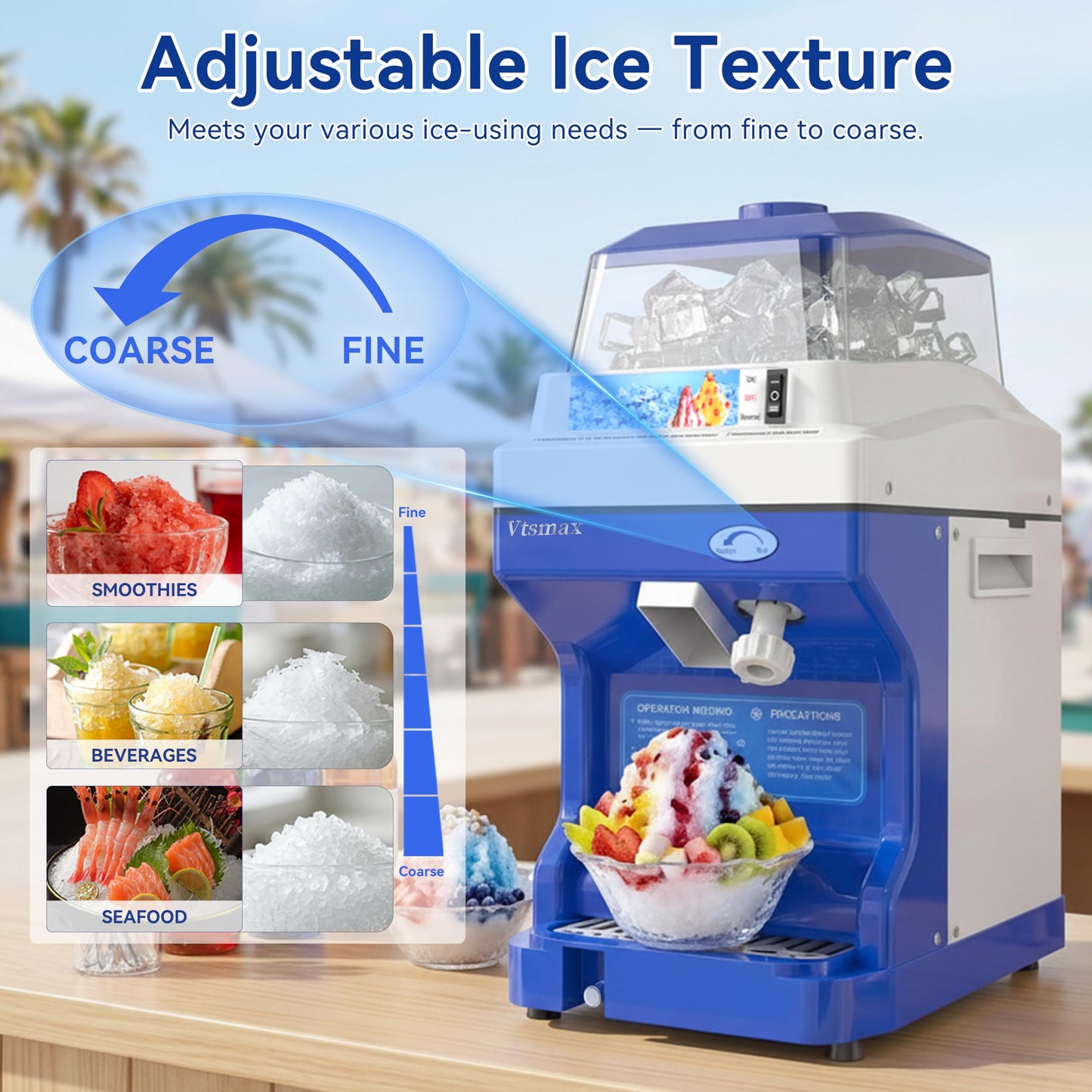 Vtsmax Electric Ice Shaver Machine, 300W Shaved Ice Machine, Thickness Adjustable Snow Cone Maker Machine 661LBs/hr Ice Crusher for Bar Parties Events Snack, Home and Commerical Use Blue(5.8Qt)