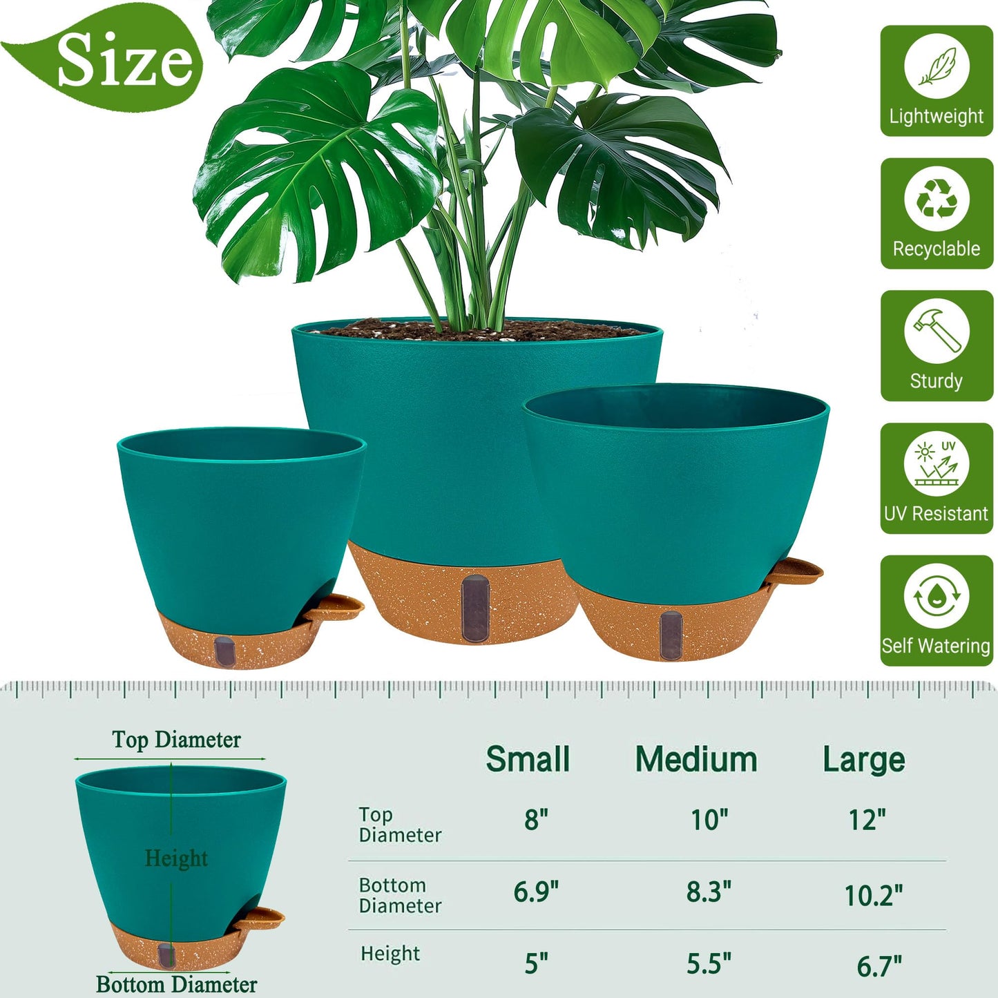 Fielda 8/10/12 Inch Self Watering Pots for Indoor/Outdoor Plants - Large Plastic Planter with Drainage Holes, Water Level Indicator & Deep Reservoir, Modern Decorative Flower Pots (Turquoise)