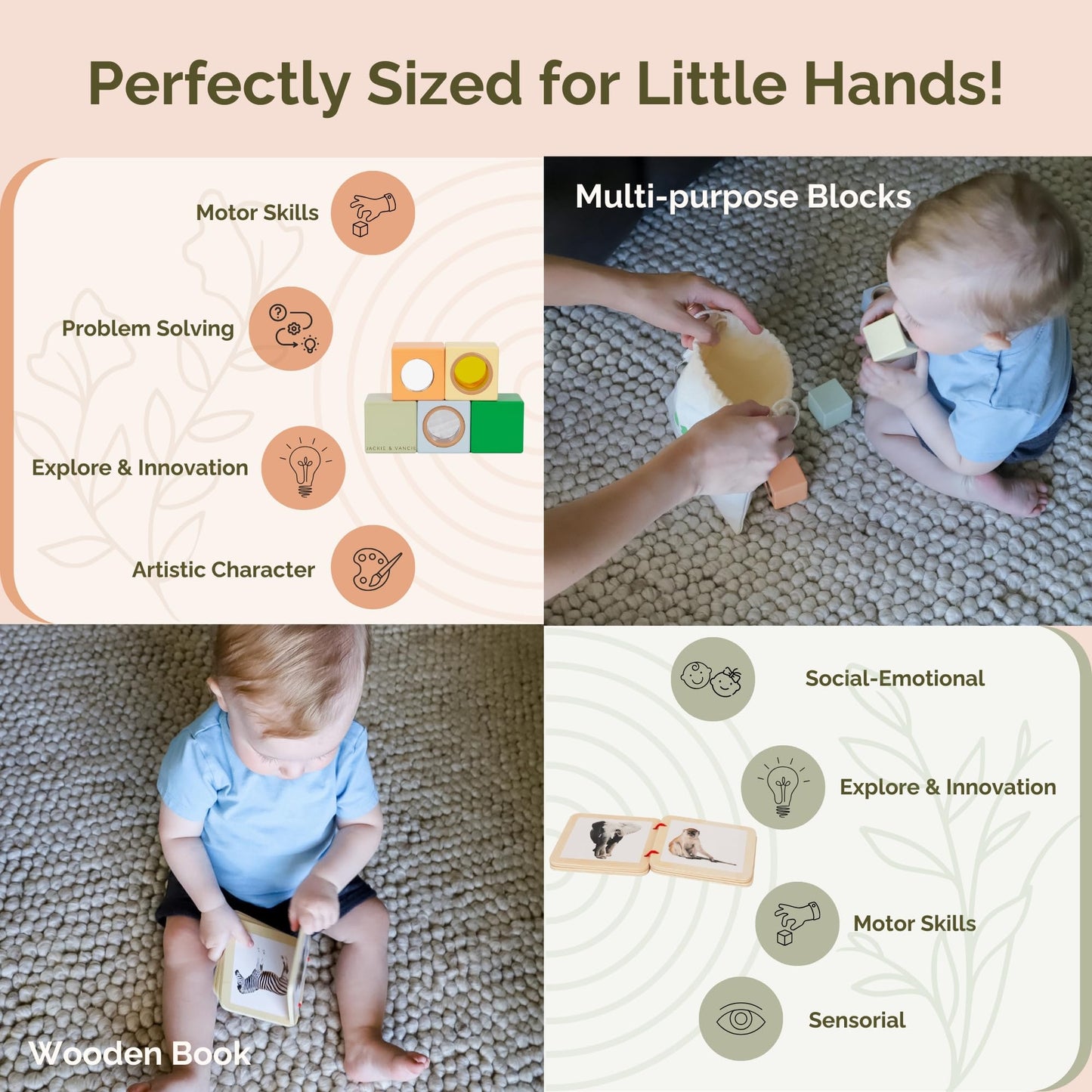 Jackie & Vancie Montessori Toy Set for Babies 7-12 Months Play Kit 6-in-1 Wooden Learning Toys with Object Permanence Box, Ring Stacker, Egg & Cup, Multipurpose Blocks and Mirror Puzzle