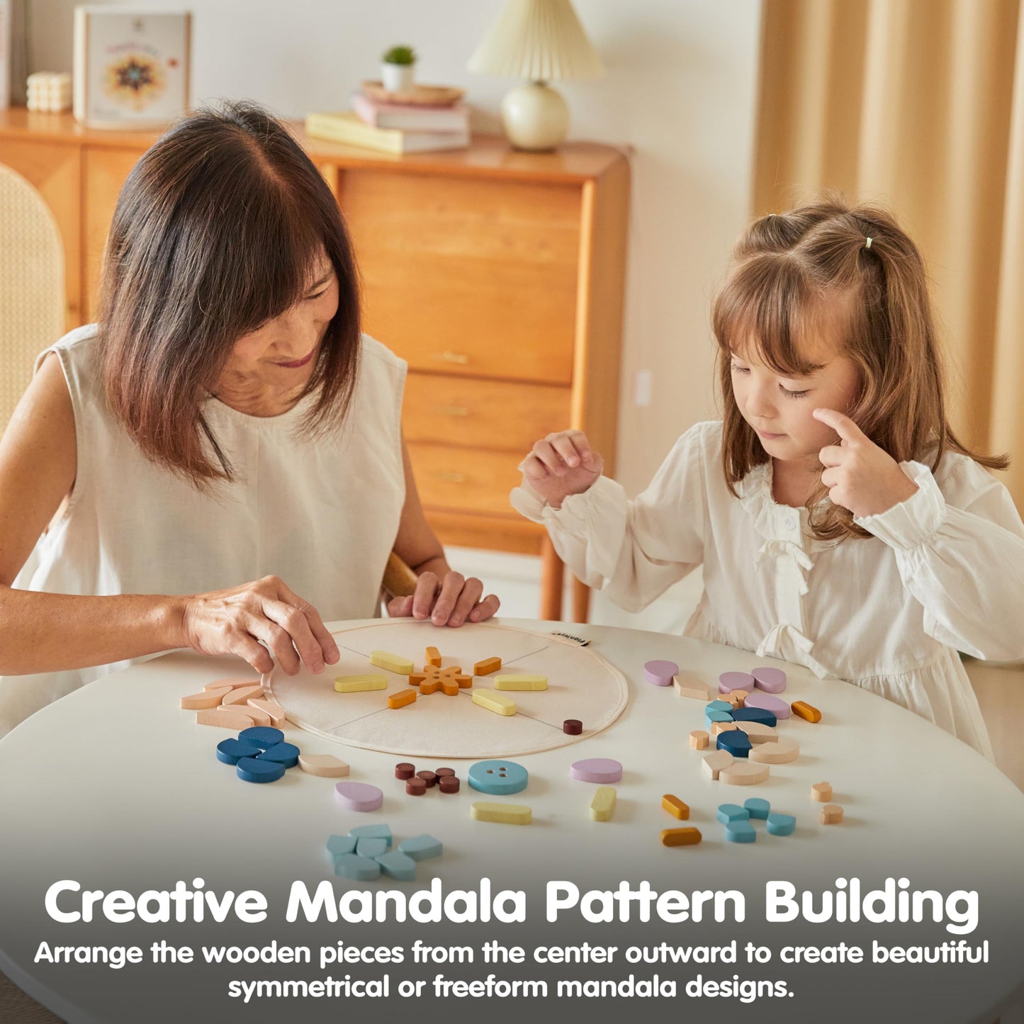 PlanToys® Wooden Mandala Set for Montessori Inspired Open Ended Play | Sensory, Creative and Spatial Learning Activity | Eco Friendly Wooden Mandala Pieces for Mindful Play