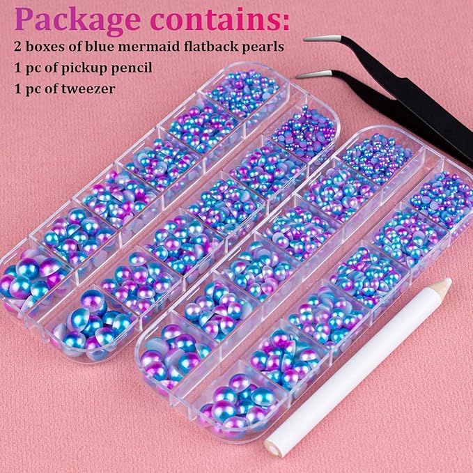 Belleboost Flat Back Pearls Kits 2 Boxes of Flatback Blue Mermaid Half Round Pearls with Pickup Pencil and Tweezer for Home DIY and Professional Nail Art, Face Makeup and Craft