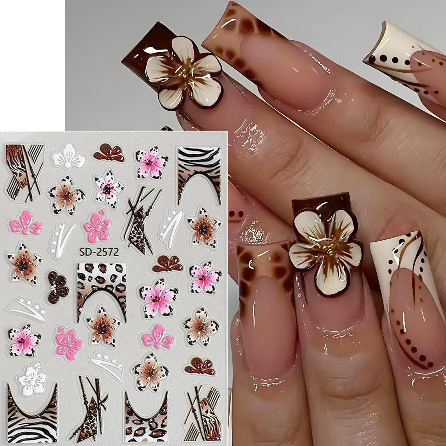 French Leopard Print Flower Nail Art Stickers 3 Sheets 5D Embossed Orchid Lily Cherry Blossom Floral Wild Leopard Print Press On Nails Decals Nail Charms Japanese Style Decorations Nail Stuff