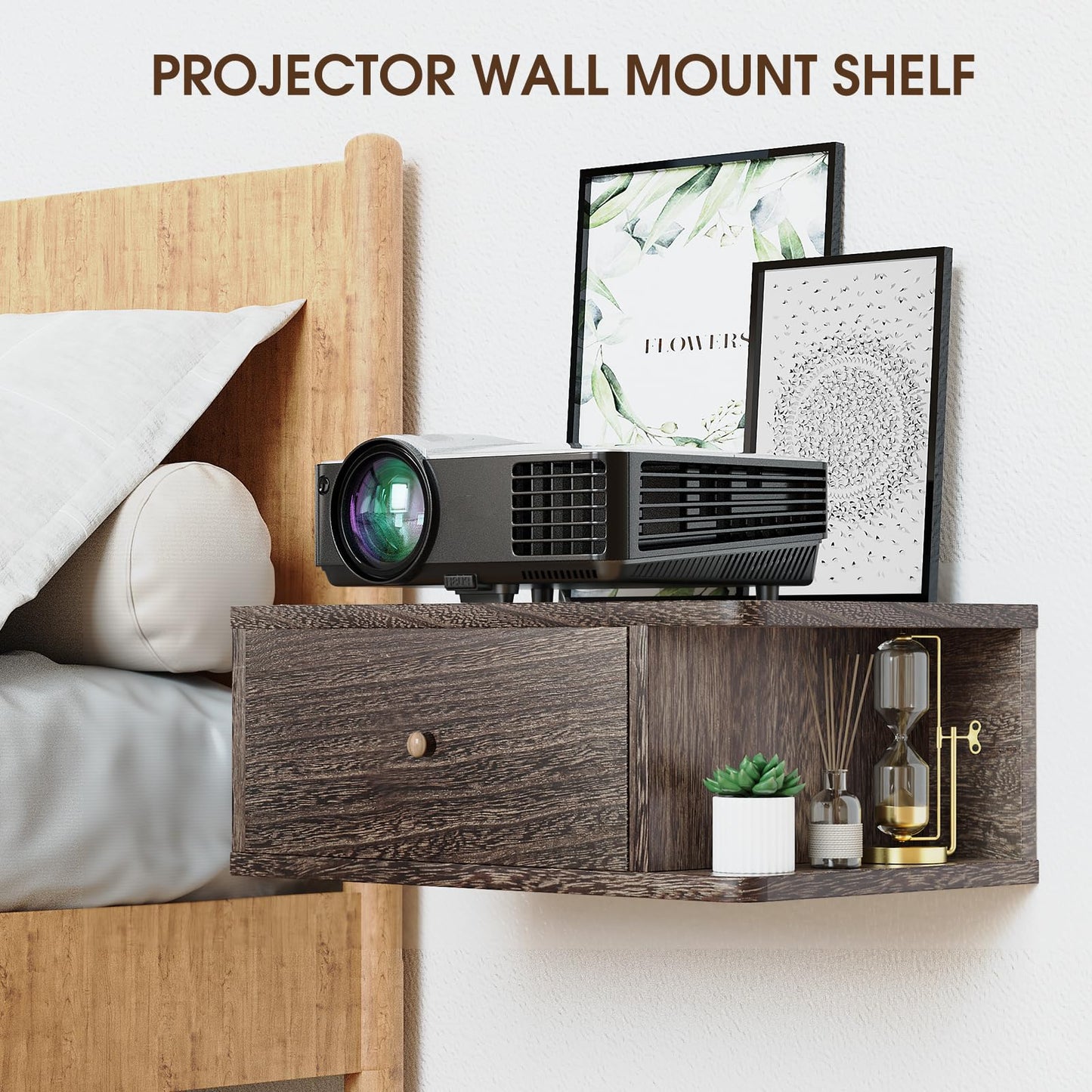 Floating Projector Stand Wall Mount - Modern Media Console Shelf Cabinet with Magnetic Door, 16.7" x 10.9" x 7.8", Open & Hidden Storage for Projector, Router, DVD Player, Cable Box