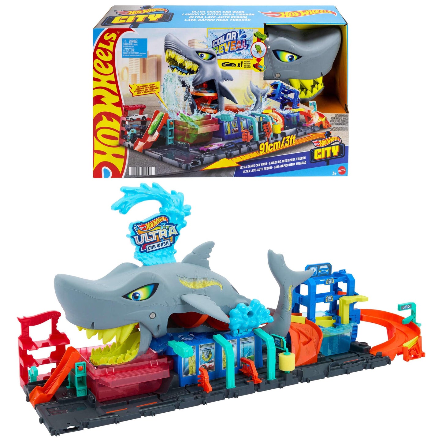 Hot Wheels City Track Set, Ultra Shark Car Wash with 1:64 Scale Color Reveal Toy Vehicle, Repeat Color-Change Feature, Storage