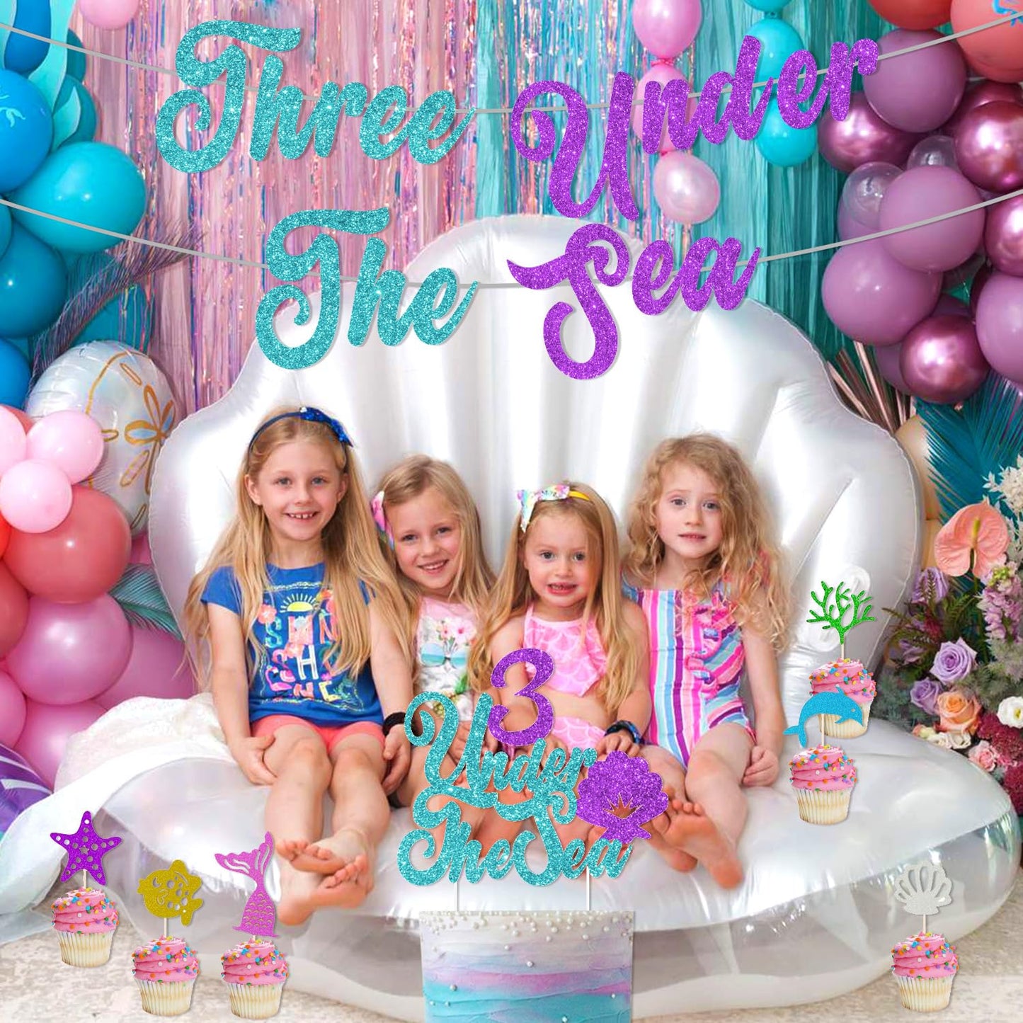 Three Under the Sea Party Decorations, Sea Themed 3rd Birthday Party Decorations Include Number 3 Seashell Confetti Balloons for 3rd Birthday Party Girls' Shell Decor Under the Sea Party Supplies