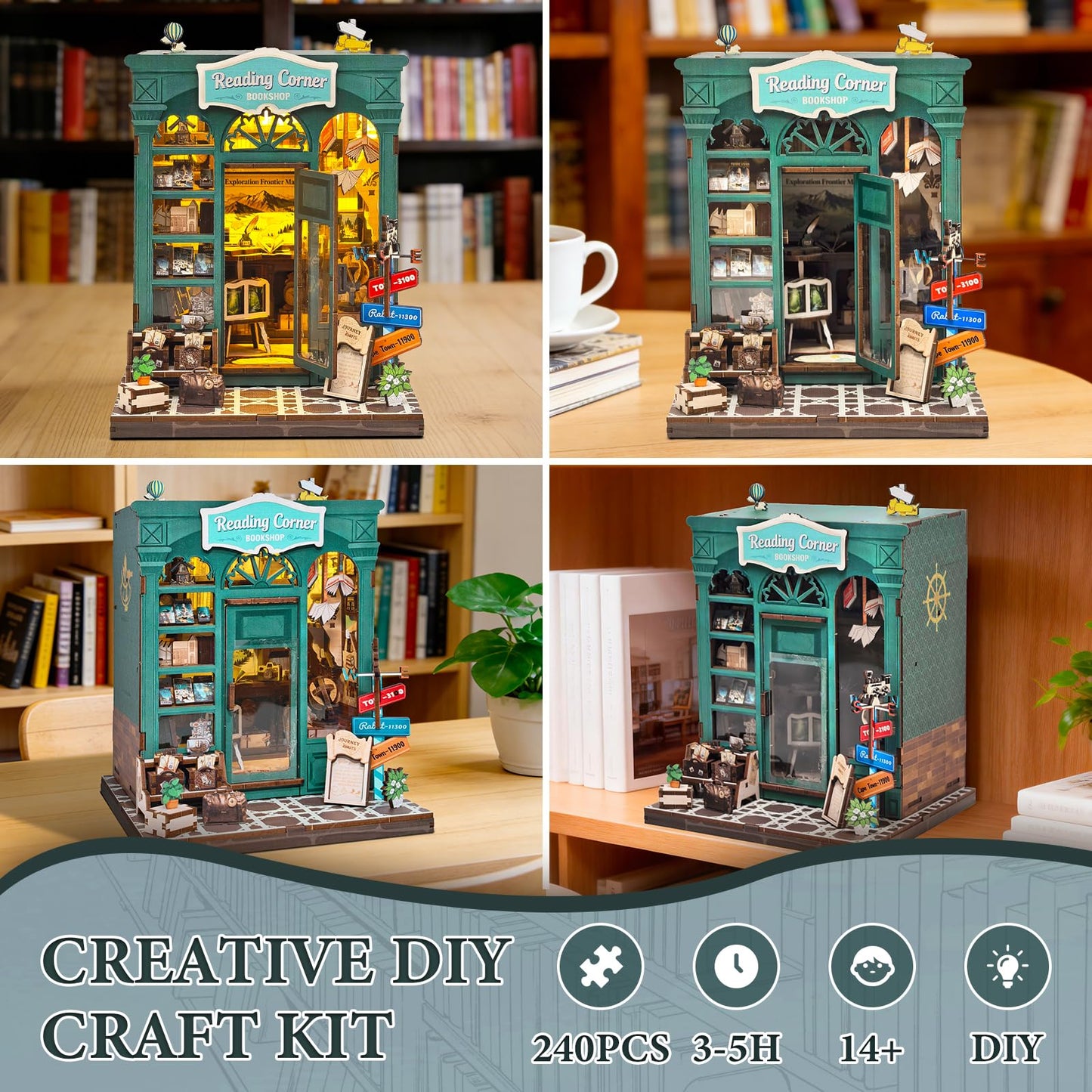 DIY Miniature Dollhouse Book Nook Kit – Reading Corner Bookshop Bookshelf Insert with LED Lights, Tiny House Model for Adults & Teens, Booknook Library Home Decor & Gift Idea for Family and Friends