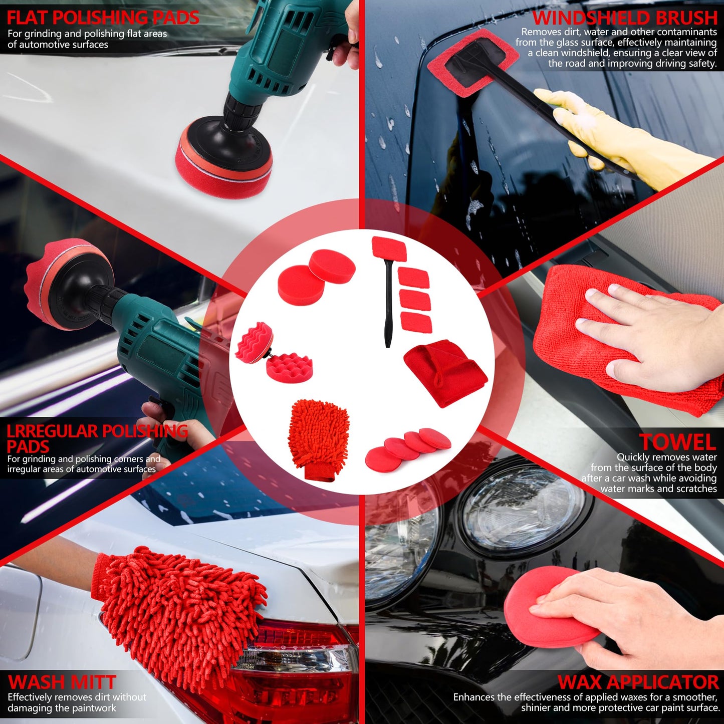 MIANYINGR 35Pcs Car Detailing Kit & Car Cleaning Kit – Windshield Tool, Long Wheel Brush & 2 Angled Brushes, 4 Polishing Pads & 4 Wax Pads – Red Tool Box – Gift for Men (B：35PCS-R)