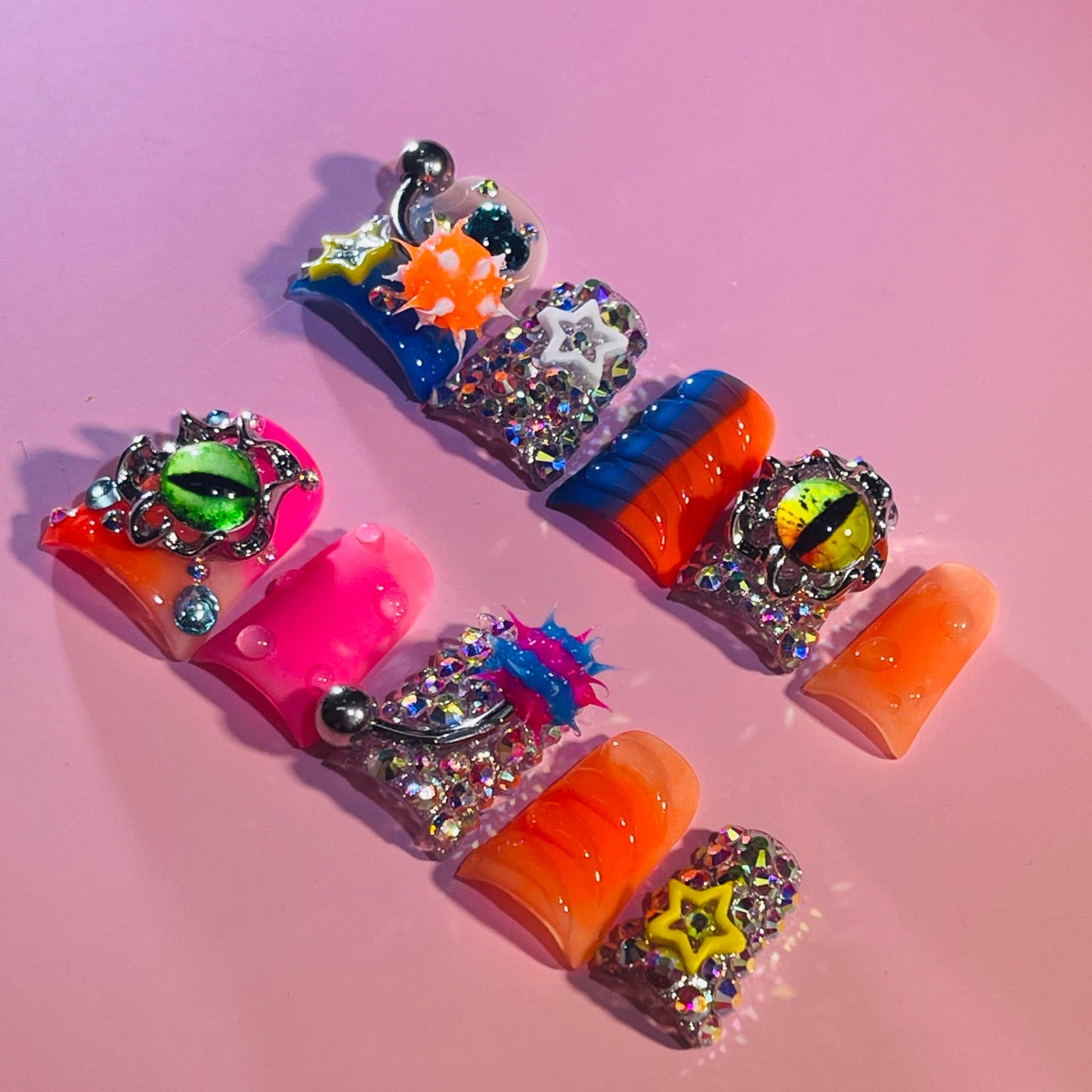 IntoVibes Handmade Short Duck Press On Nails, Orange Barbell Charm And Y2K, 10 Pieces Reusable Acrylic False Nails, Size Large