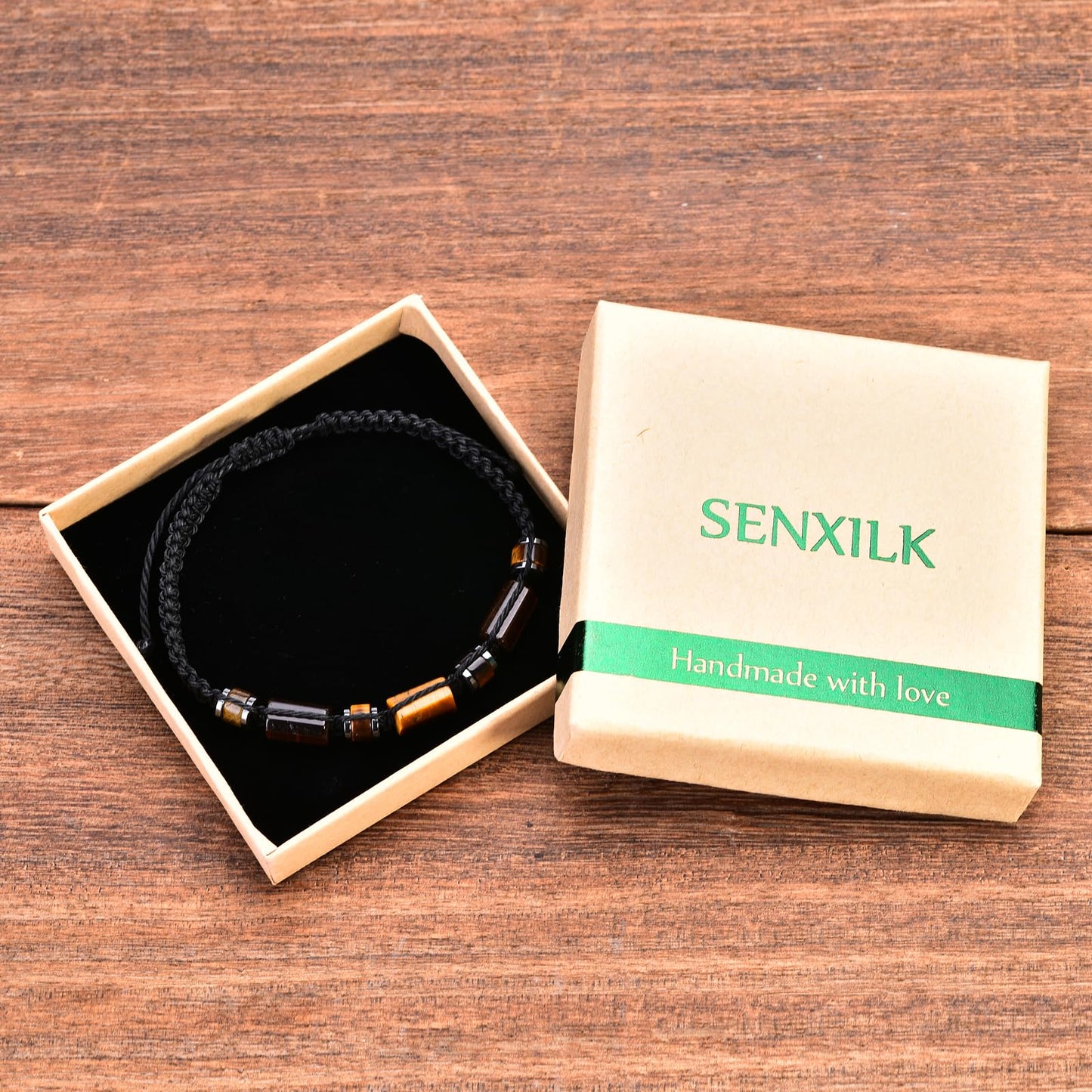 Senxilk Tiger Eye Bracelet, Black Braided Cord, Adjustable Size, for Men and Teens