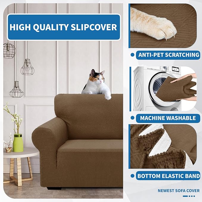 XINEAGE New 1 Piece Couch Covers for 2 Cushion (55"-69") Stretch Loveseat Sofa Cover Slipcover Jacquard Universal Furniture Protector with Elastic Bottom for Kids,Dog (Loveseat, Brown)
