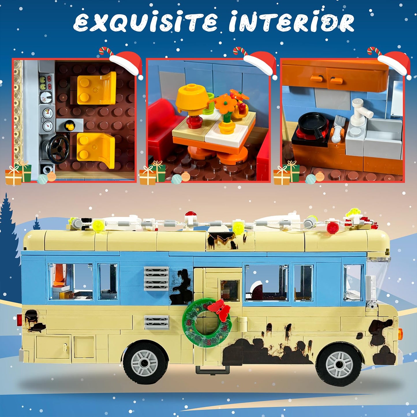 Snow Village & RV Building Set with LED Lights, 2 in 1 Christmas Vacation Holiday House and RV Gift (1726PCS)