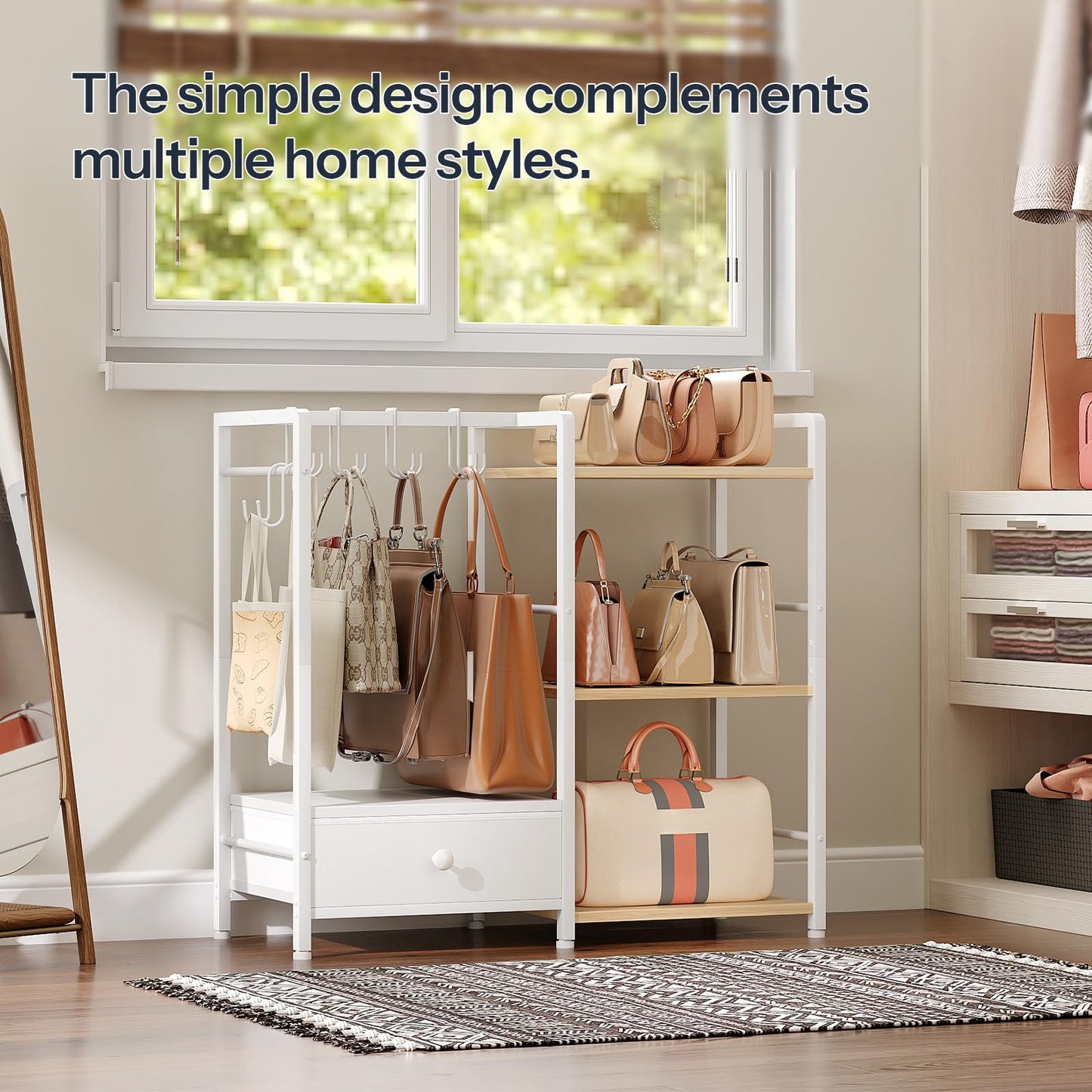 HOOBRO Narrow Console Table and 3-Tier Purse Organizer for Closet, 29.5" Small Entryway Table, Purse Rack Stand with 8 Movable Hooks, BF75XG01-WN28CJ01