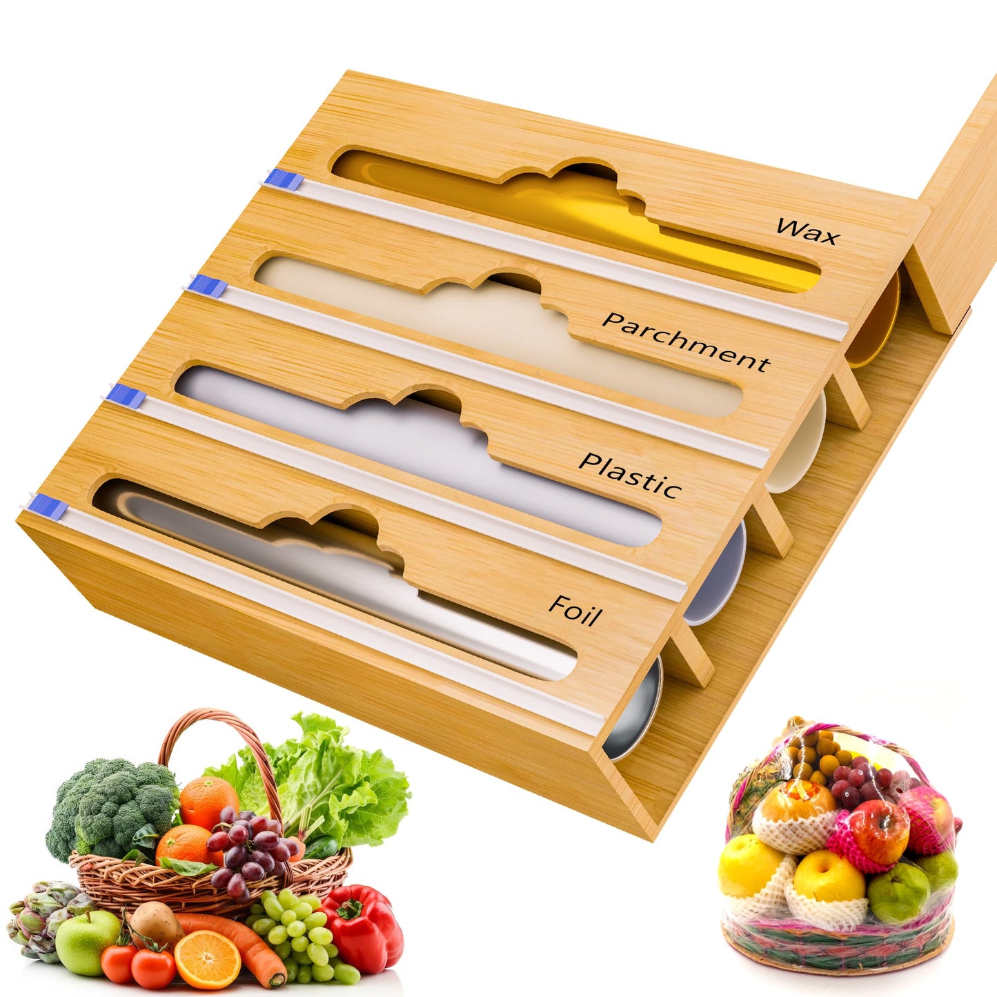 Bamboo Aluminum Foil Organizer & Plastic Wrap Dispenser with Cutter - 4 in 1 Parchment, Wax Paper & Saran Wrap Holder - Tin Foil Food Wrap Organizer for Kitchen Drawer, Countertop & Pantry - 11" Rolls