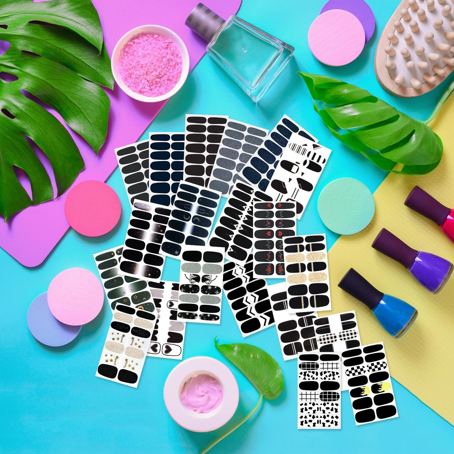 DANNEASY Black Nail Wraps Solid|Marble|French Tip Nail Polish Stickers for Women 40 Sheets, 560 Pieces, Self Adhesive Fingernail Sticker Nails with Nail File, Cuticle Stick