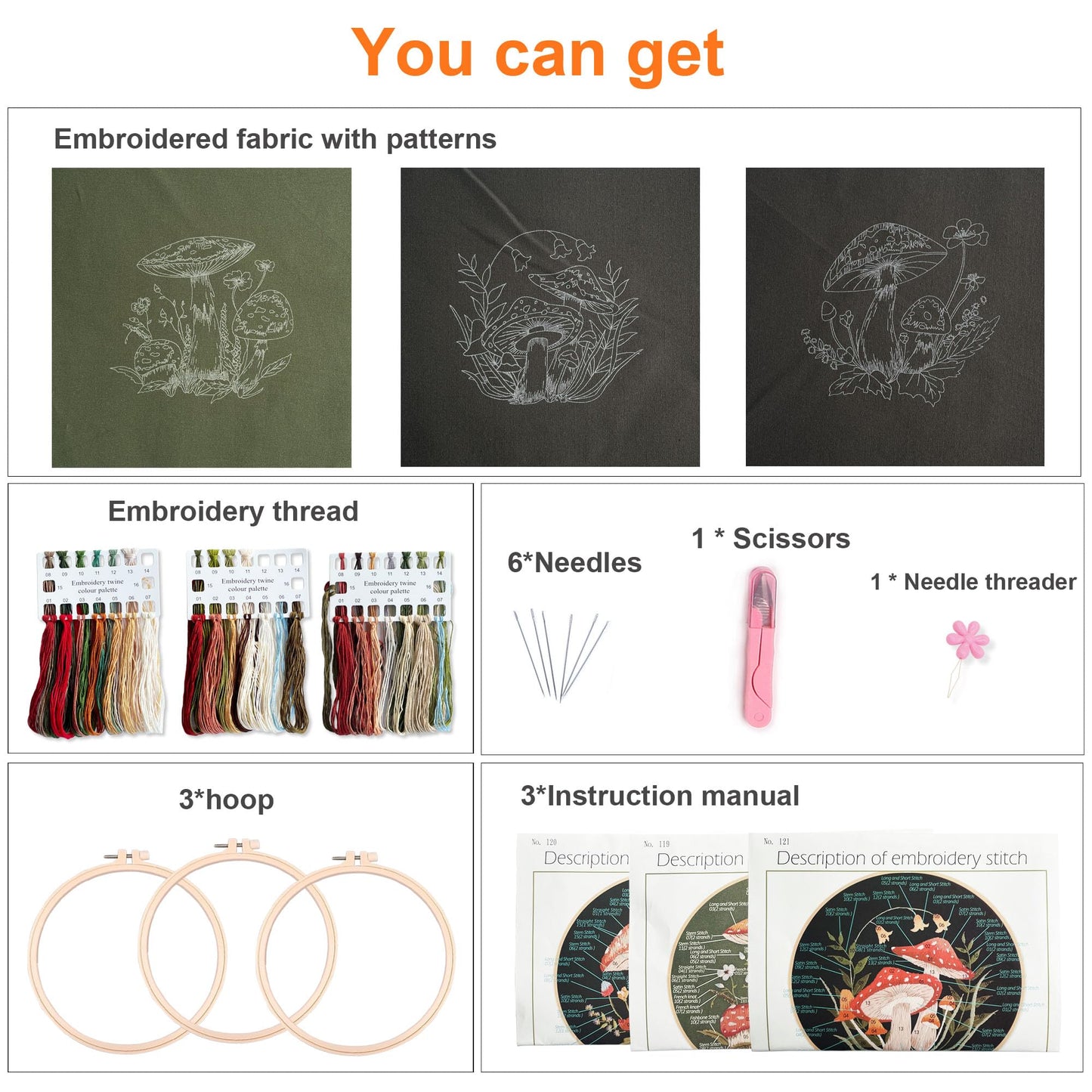 Myfelicity 3 Sets Mushroom Embroidery kit, Adult Beginner DIY Needle kit,Art Craft Handy Sewing Set