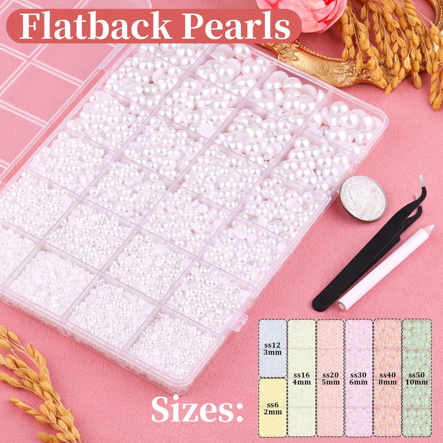 14000Pcs Flatback Pearls for Crafting (White), Assorted Size 2/3/4/5/6/8/10mm Half Pearl Bead Gems with 3Pcs 10ml B7000 Jewelry Glue, Bedazzling Kit for Crafts Shoes Graduation Cap Nail Art