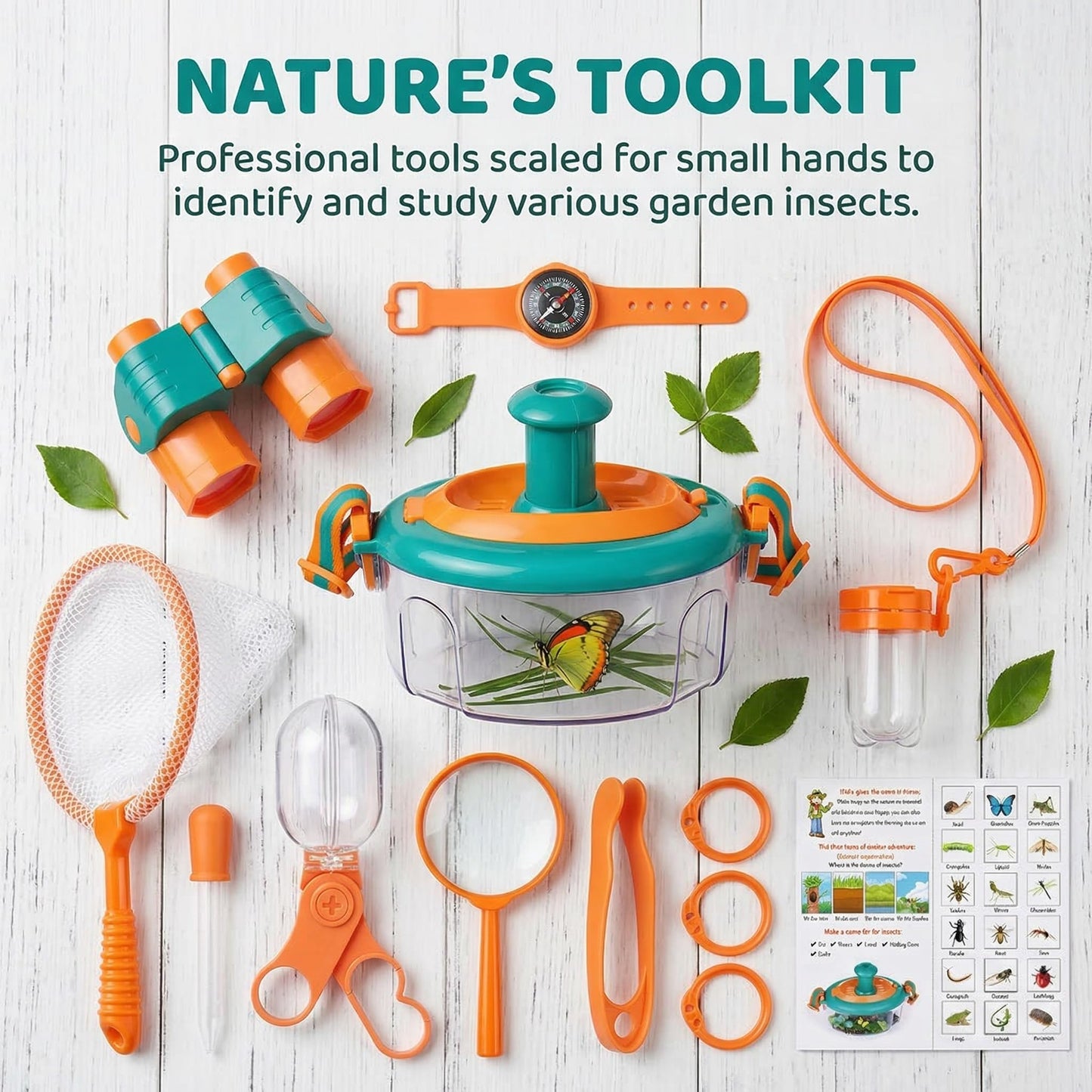 National Geographic Bug Catcher Kit for Kids - Kids Bug Habitat with Magnified Viewer, Bug Box, & Tweezers, Insect Habitat, Outdoor Toys, Bug Catching Kit, Bug Box (Orange 13 Pcs)