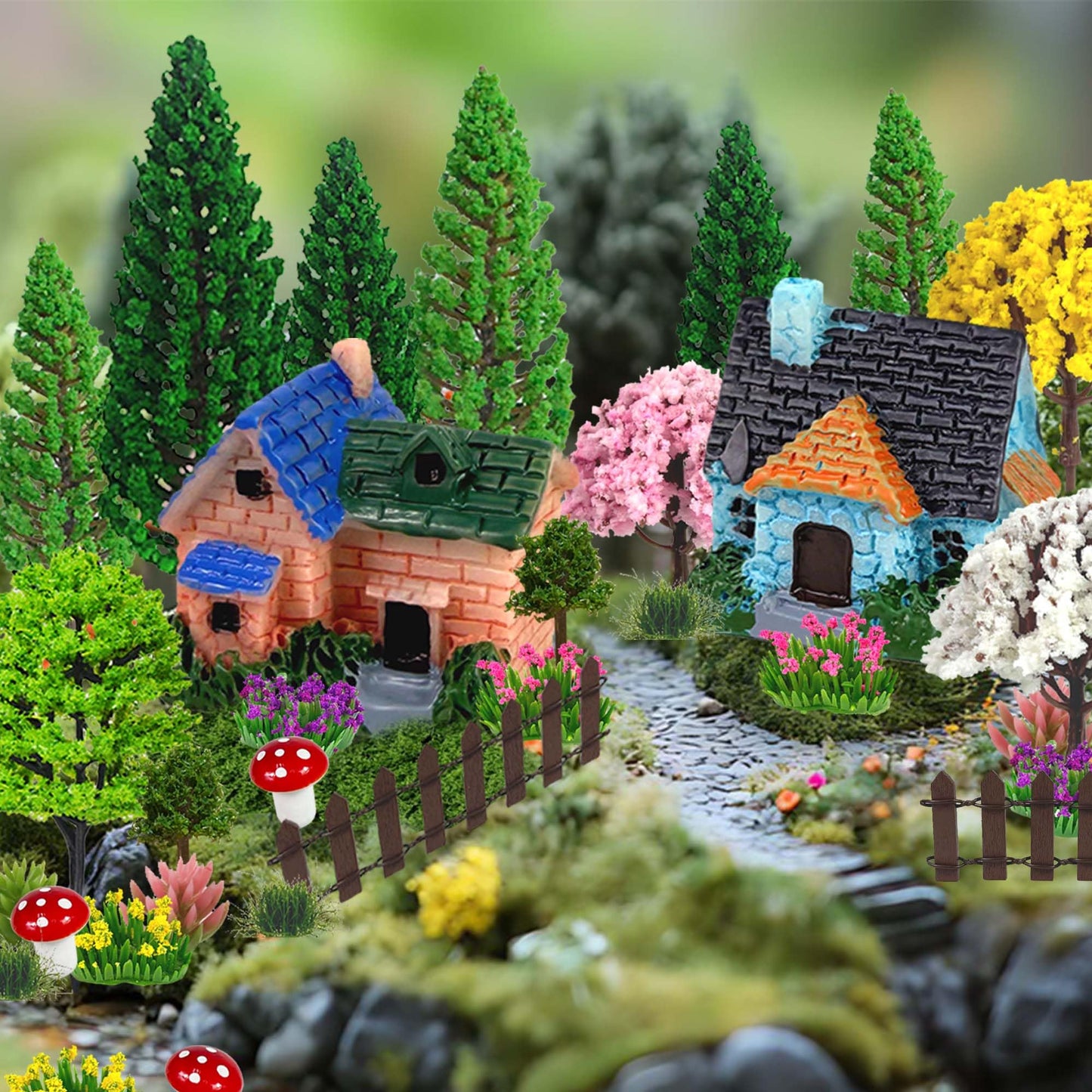 MOMOONNON 36pcs Garden Diorama Mini Garden Accessories Set Mixed Model Trees Flowers for Crafts Building Model Railway Fairy Scenery Landscape Supplies