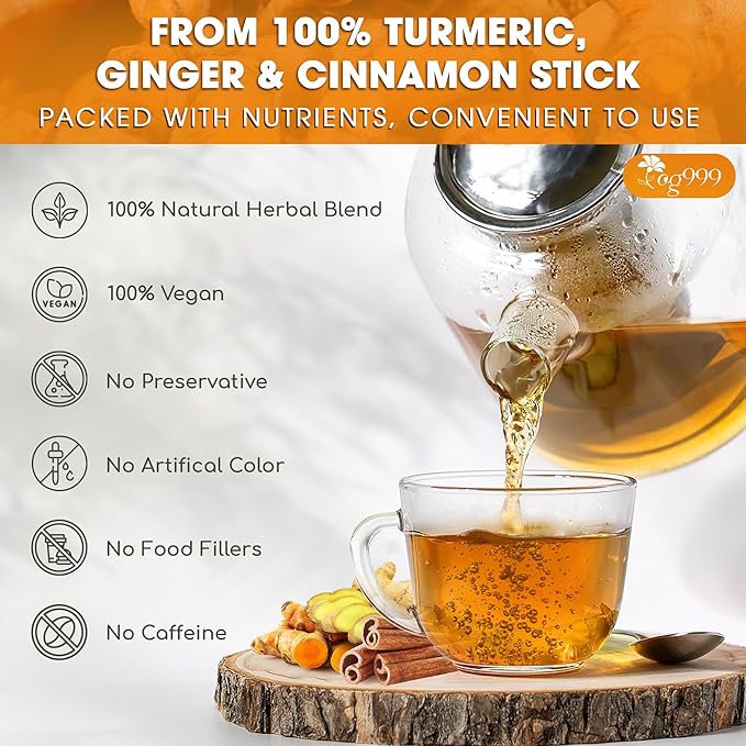 TOG999, Premium 15oz Ginger Turmeric Cinnamon Loose Leaf Herbal Tea - Premium Quality Spiced Herbal Blend – Caffeine-Free, Non-GMO, Natural Dried Roots and Bark. Vegan-Friendly.