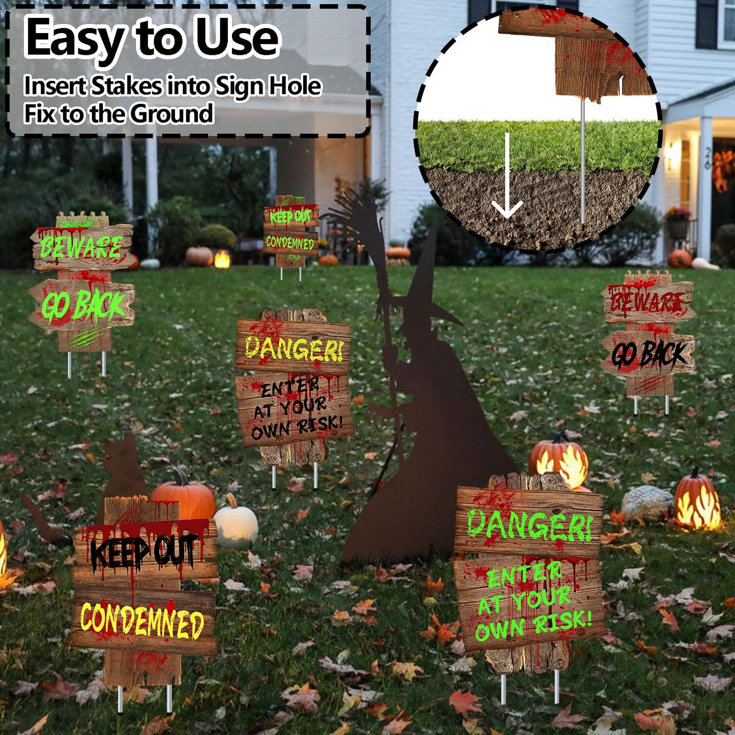 Halloween Decorations Beware Signs Yard Stakes Outdoor Creepy Assorted Warning Sign,Scary Zombie Theme Party Decor Supplies,3 Pieces